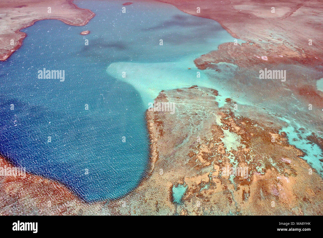 Vista aerea del popolare spot di immersione a Hammerhead reef al largo della costa di Molokai nelle isole Hawaii, presi da un elicottero. Foto Stock