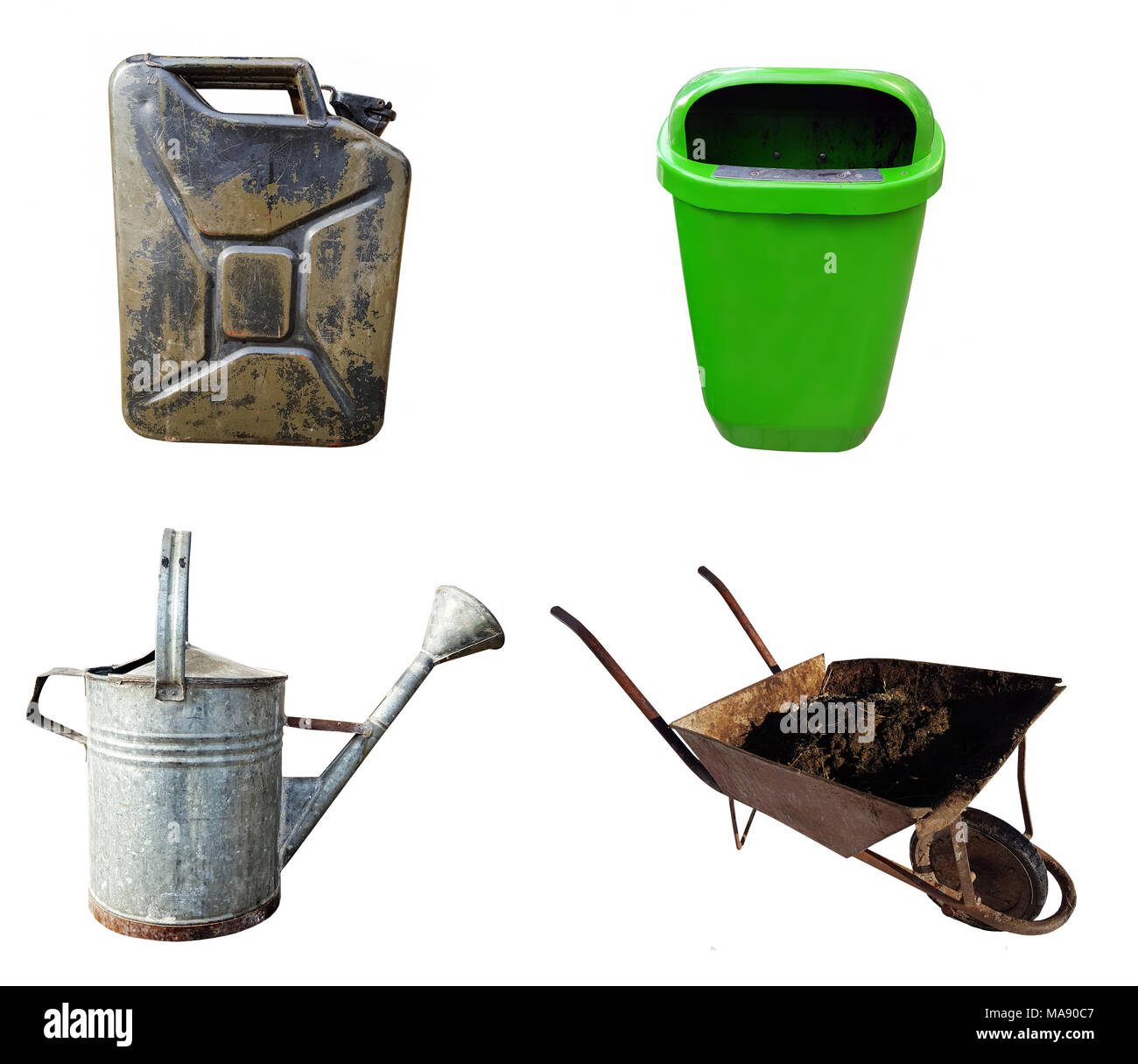 Barattolo, cestino annaffiatoio, carriola Foto Stock