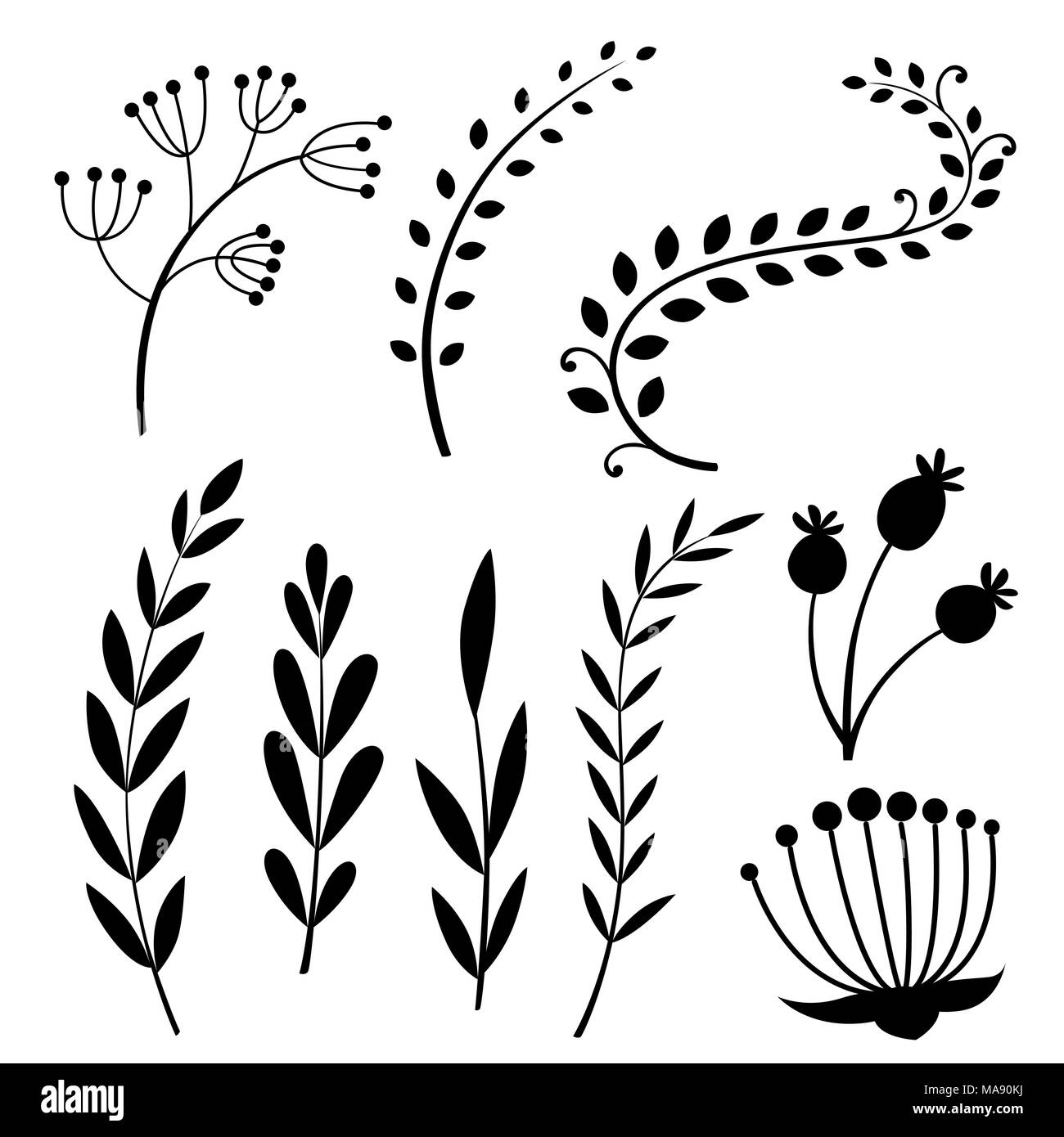 Silhouette nera. Impostare con elementi floreali e foglie. Elementi decorativi per il design. Foglie, volute, floreali. Design piatto stile illustrat vettore Illustrazione Vettoriale