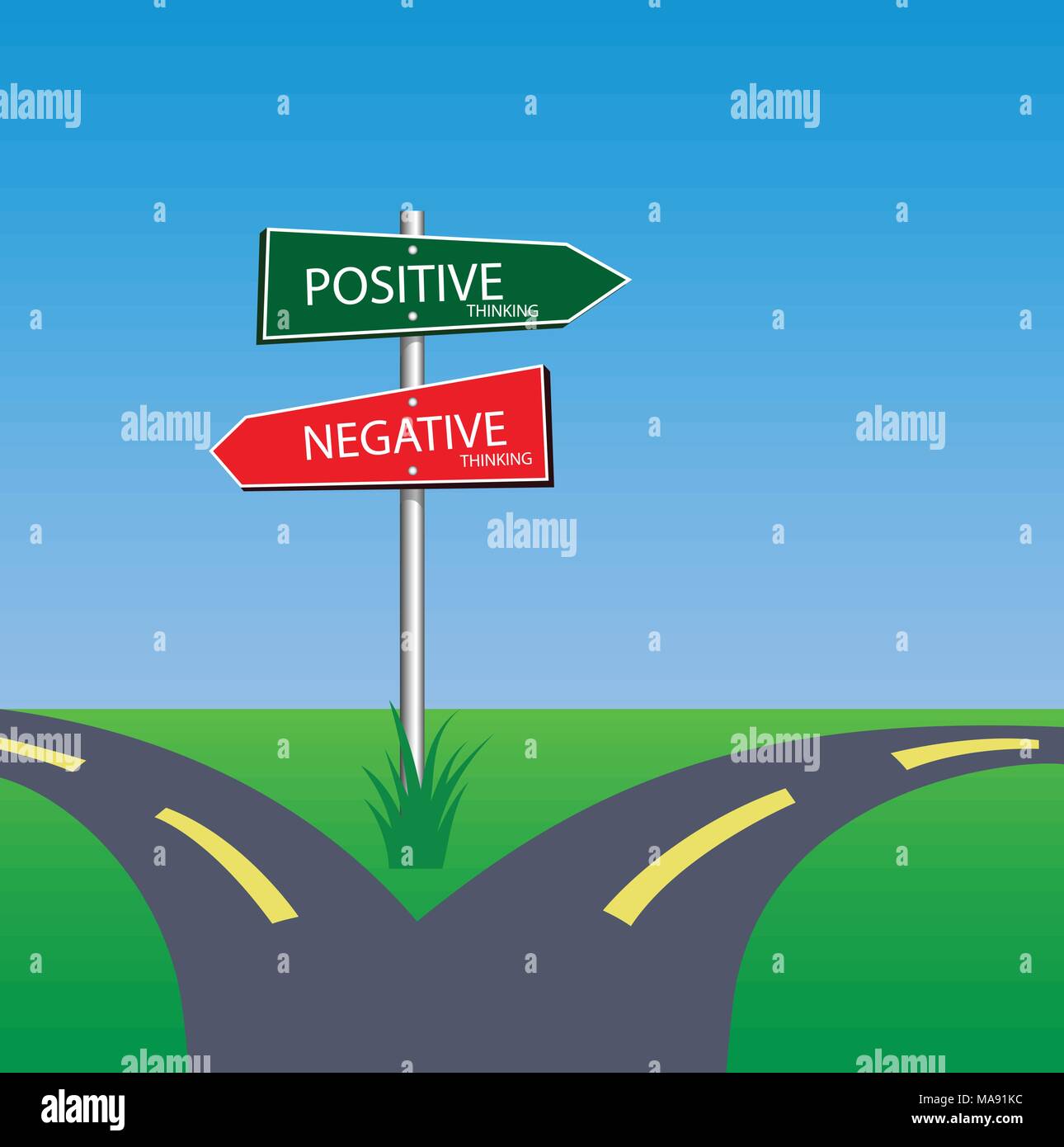 Segno positivo e negativo su strada il concetto di scelta Illustrazione Vettoriale