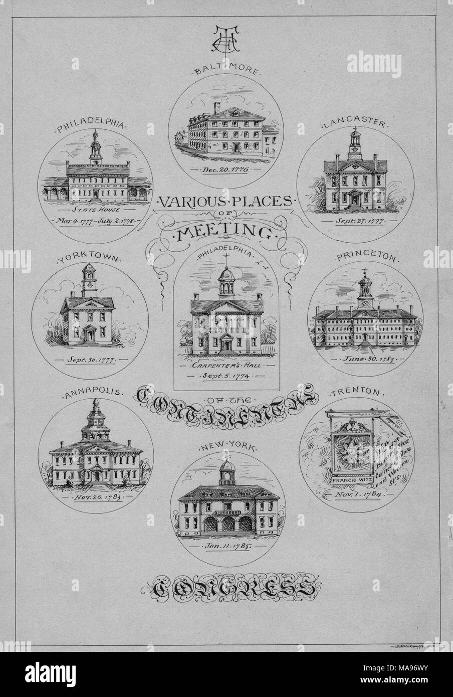 Penna e inchiostro disegno dei diversi edifici che il congresso continentale si sono incontrati a tra il 1774 e il 1785, con un titolo calligrafico e didascalie che indicano la posizione e le date utilizzate per ciascun edificio, 1857. Dalla Biblioteca Pubblica di New York. () Foto Stock