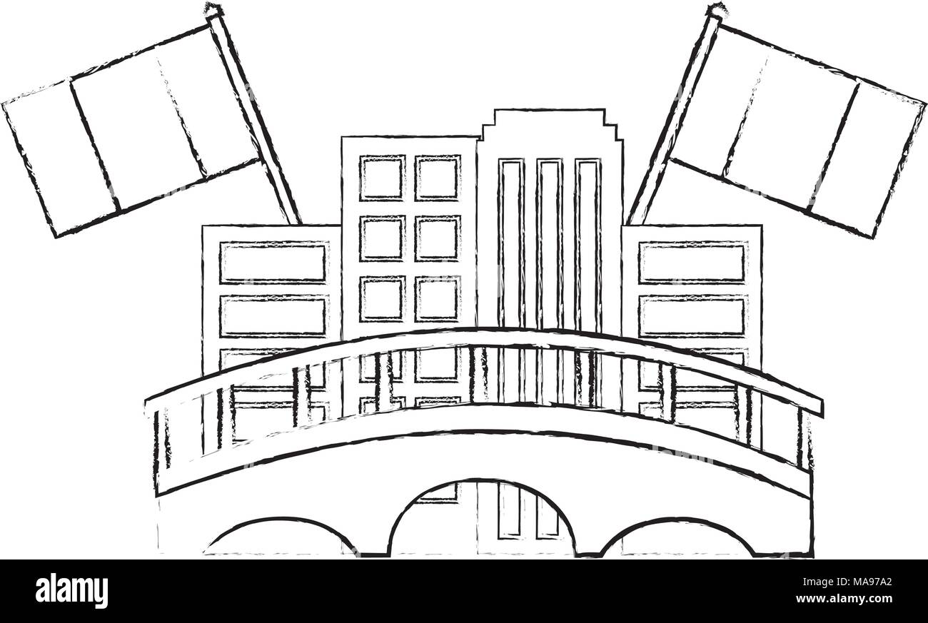 Città canadese bridge e bandiere emblema Illustrazione Vettoriale
