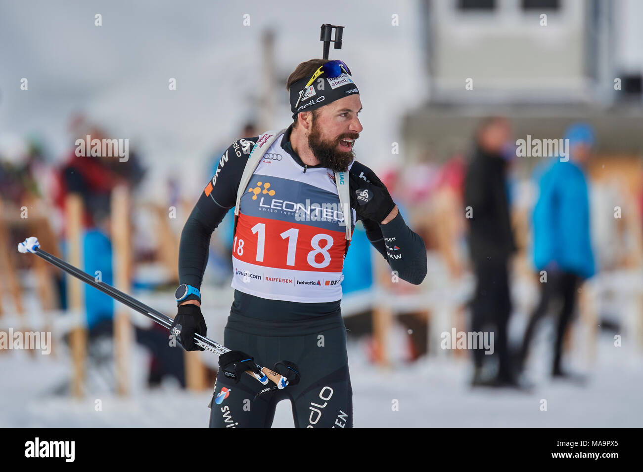 Lenzerheide, Svizzera, 31 marzo 2018. Benjamin Weger durante gli uomini Sprint presso il Fondo nazionale svizzero per i campionati di Biathlon Foto Stock