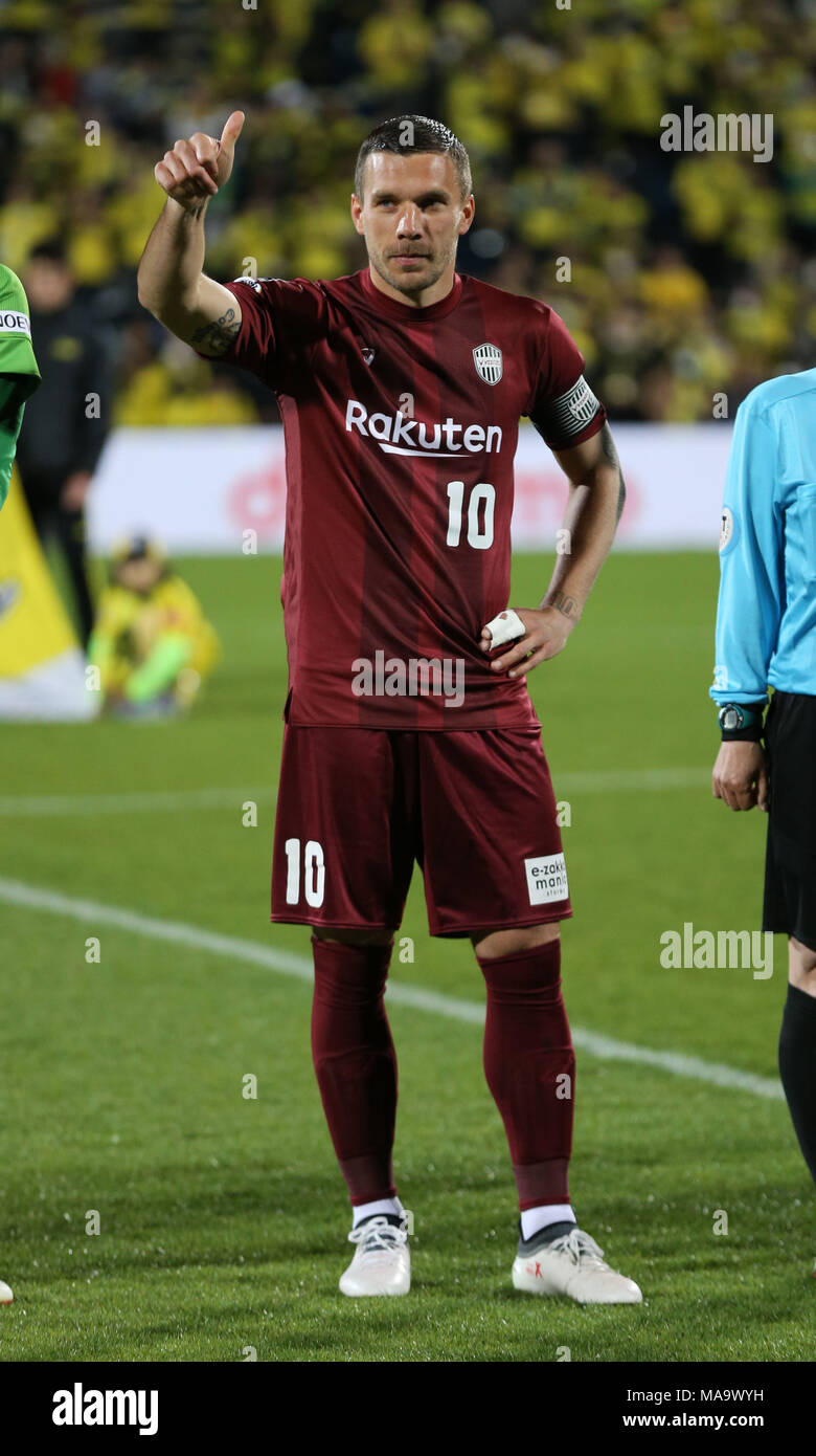 Lukas Podolski (Vissel), 30 marzo 2018 - Calcio : 2018 J1 League match tra Kashiwa Reysol 2-1 Vissel Kobe presso Hitachi Kashiwa Stadium di Chiba, Giappone. (Foto di AFLO) Foto Stock