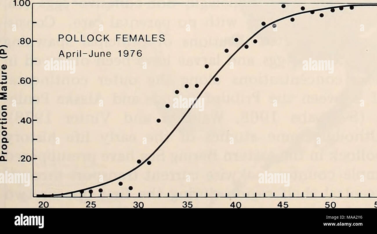 . La parte orientale del Mare di Bering ripiano : oceanografia e risorse / a cura di Donald W. cofano e John A. Calder . mi l ! I I I I I I - I I I 20 25 40 45 Lunghezza forche (cm) Figura 33-14. Lunghezza-maturità le relazioni osservate da pollock prese durante l'aprile-giugno 1976 Reti a strascico survey (Bakkala e Smith 1978). Tabella 33-6 Caratteristiche del grovi^th di walleye pollock, basato su NMFS Crab-Groundfish nave di ricerca sondaggi, (1973-1978. Età^ corpo medio^ corpo medio^ relativa classe di età'* (anni) Lunghezza (cm) Peso (g) peso (g) X Yx Wx IxWx 0.2-1.2 1.2-2.2 14,4 21,9 6.08 2.2-3.2 24,7 105,2 11,35 3. Foto Stock