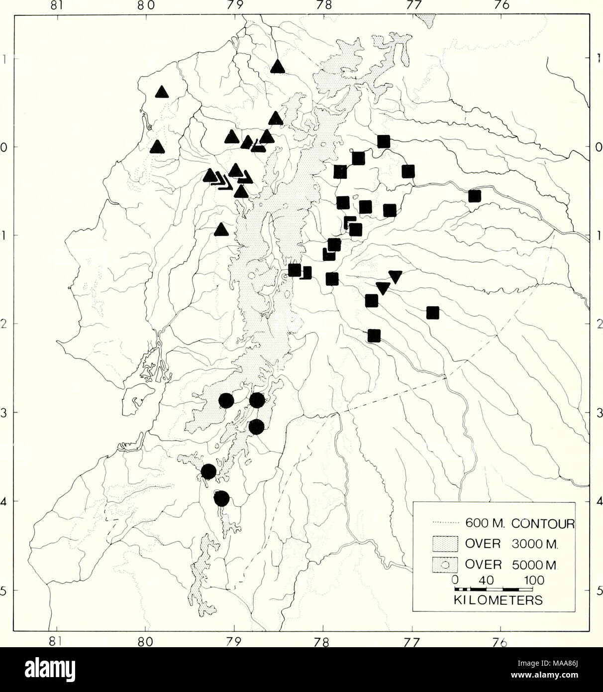 . Rane ecuadoriana del genere Colostethus (Anura:Dendrobatidae) . Fig. 9 distribuzioni di Colostethus anthracinus (â ¢), C. awa (A), C. bocagei (â ) e C.fugax (â¼). striscia laterale al livello dello scapolare o per la mancanza della striscia. Colostethus awa è anche confrontata con quelle specie aventi una breve laterali oblique e striscia di nastro tra le dita (C. bocagei e C. fuliginosus). Esso è contraddistinto da C.fuliginosus da avente segni discreti su golare-regione toracica e da C. bocagei avendo un macchiato o pattern di marmo ventralmente e meno nastro tra le dita dei piedi. Descrizione di holotype.âF Foto Stock
