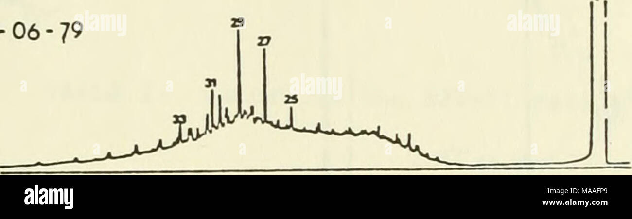 . Studio ecologico dell'Amoco Cadiz fuoriuscite di olio : relazione della NOAA-CNEXO congiunta Commissione scientifica . 17-1-80 29 35." 1. 1 27 ",a"% V 24-S-IO ,# è % CG la stazione 8 di figura 15. Evoluzione degli idrocarburi saturi. il 24 giugno 1980 in corrispondenza di tale stazione, mostra una degradazione (o) di dissoluzione dell'alchilato cicloparaffine con C3 e C4. Concernente la tio- phenic derivati, alcuni benzothiophenic alchili scompaiono per diventare C5, mentre le iniziali di alchilare derivati del dibenzotiofene diventare C3 ; il naphthobenzothiophenes persistente. Nel campionamento effettuato nel gennaio 1980, un anormalmente alta res- Foto Stock