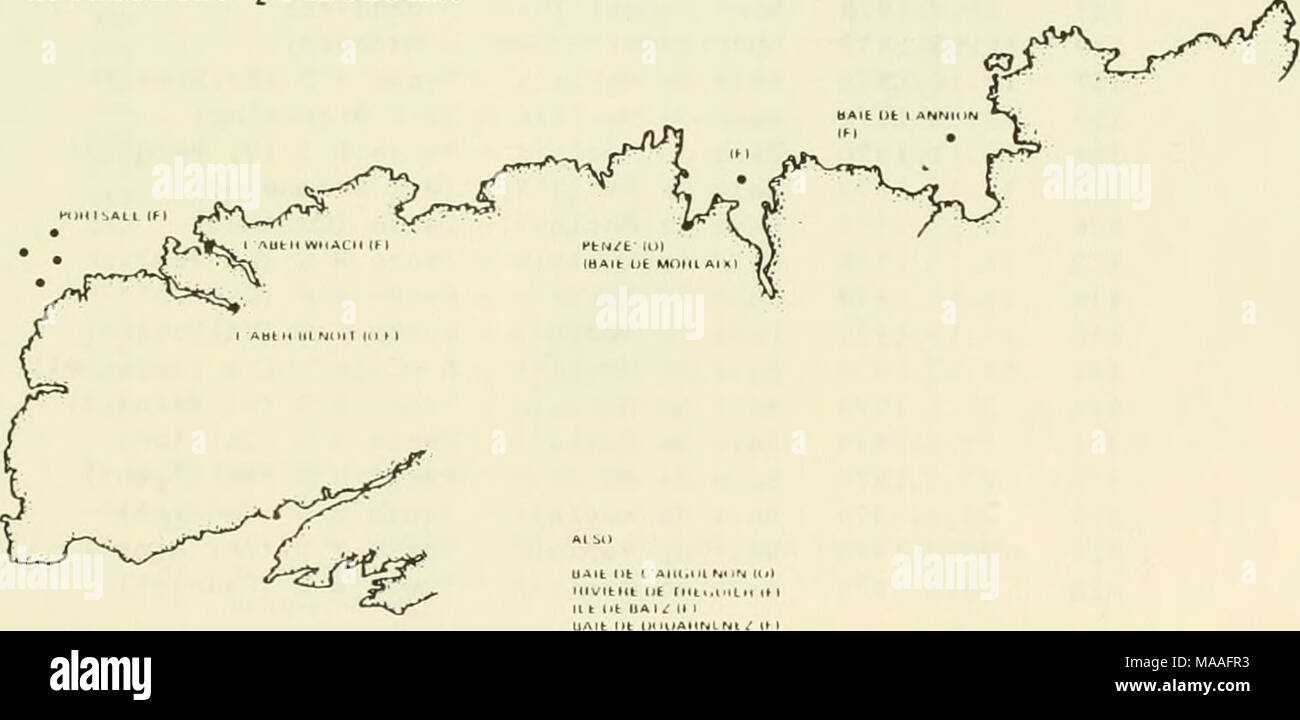 . Studio ecologico dell'Amoco Cadiz fuoriuscite di olio : relazione della NOAA-CNEXO congiunta Commissione scientifica . Figura 3.79. Ostriche e pesce locactions di campionamento. 89 Foto Stock