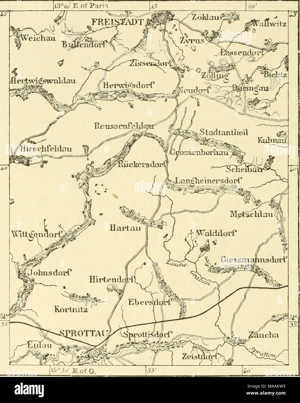 . La terra e i suoi abitanti .. . 2 Miglia. molto meno fertile e popoloso. Sul suo affluente meridionale, il Brosna, che divide la provincia di Posen dal russo in Polonia, sono situate le piccole città di Kempen (6,168 abitanti), Ostroivo (8,339 abitanti), e Pleschcn (6,348 abitanti). Passando attraverso Sc/irimm (5,929 abitanti), sulla Warthe e Kurnik (2,658 abitanti), che ha un castello del XIV secolo contenente una ricca biblioteca, raggiungiamo Posen (65,681 abitanti), la capitale della provincia- Una città più tedesco ora oltre al polacco. La Warthe a Posen è navigabile solo Foto Stock