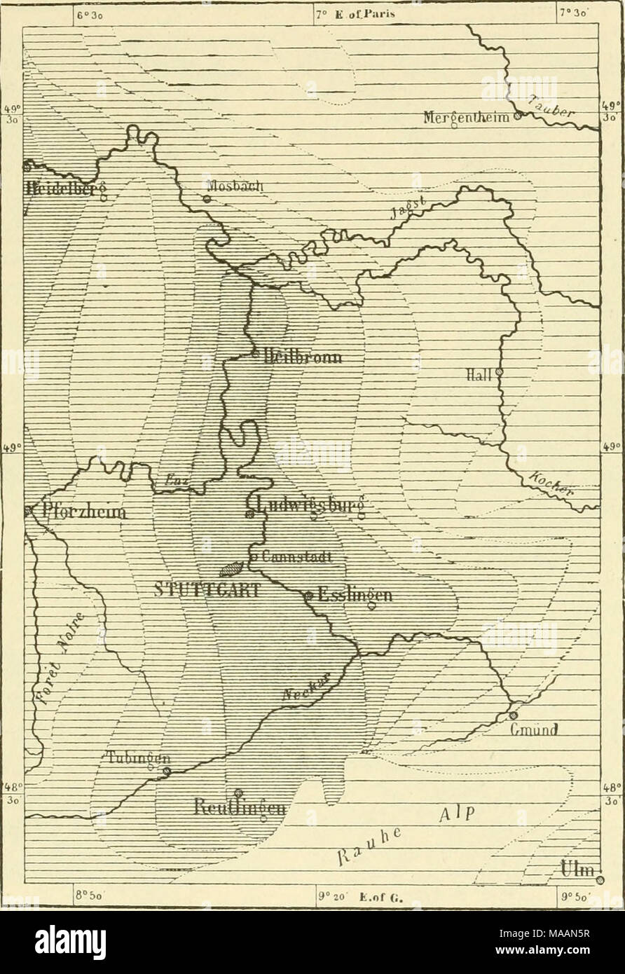 . La terra e i suoi abitanti .. . Il numero di abitanti di un miglio quadrato. ^ Un altopiano ondulato, presentando un coraggioso di fronte al fiume Neckar a circa mille metri in altezza e affondamento scendono dolcemente verso il Danubio. I più elevati rilievi sono coperti con pietre, tra cui cresce una scarna herbage. Il clima è troppo inclemente di ammettere di coltivazione, e il nome di Bauhe Alp (montagna selvaggia), che viene loro applicata dai contadini, è quindi molto appropriato 87 Foto Stock