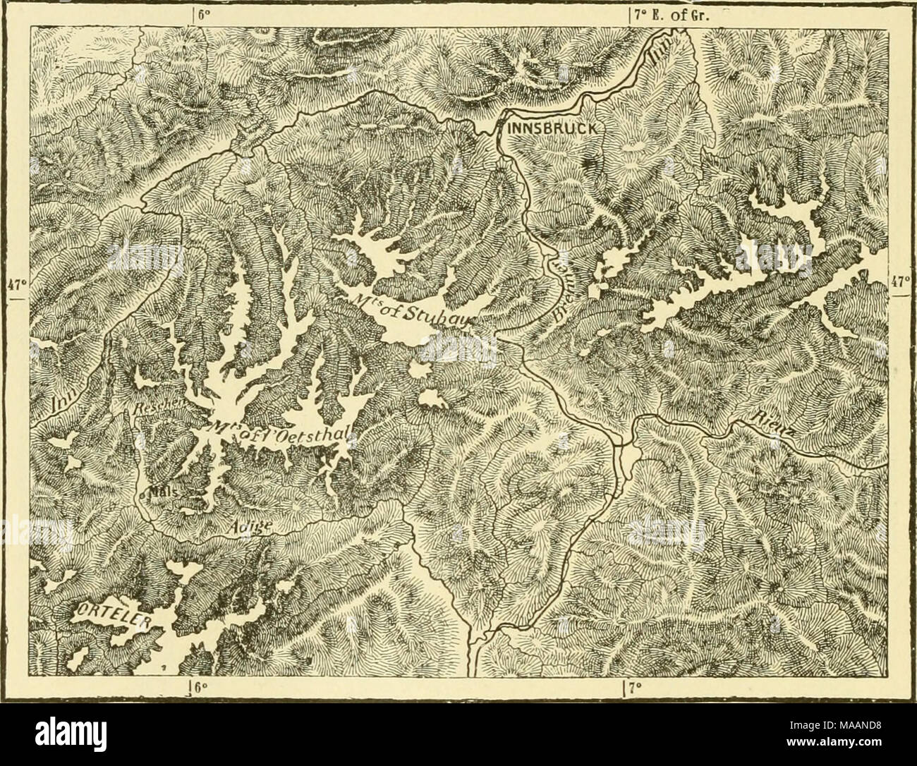 . La terra e i suoi abitanti .. . A 10 miglia. Vintschgau, con la città di Merano e il vecchio castello di Tirolo, è guardato come il paradiso delle Alpi austriache. A est del Brennero Alpi salire ancora una volta, e formano la gamma degli Alti Tauri*, che si estende verso est per una distanza di oltre 90 miglia, per quanto riguarda la Arlscharte (7,230 piedi). L'orografia della gamma è stata accuratamente studiata da Herr Sonklar. Egli ha determinato l'altezza media di tutti i vertici salendo sulla sua cresta a 9,350 piedi e l'altezza media di tutto il gruppo a 6.270 piedi. Le grandi vette di thi Foto Stock