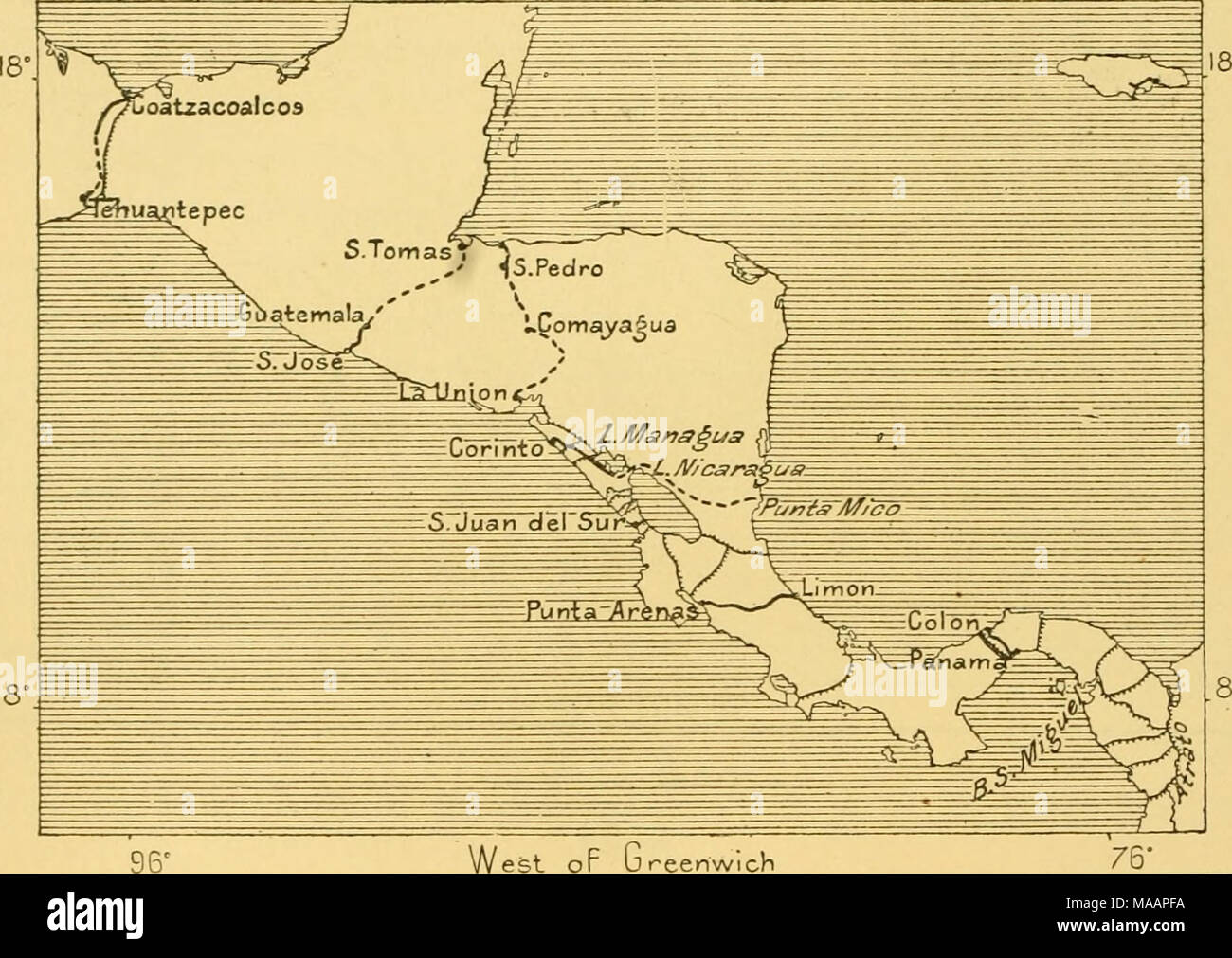 . La terra e i suoi abitanti .. . Eailways. Pinjeoted Ferrovie. Canal in corso. Pnijected Canal. Con cui il processo di assimilazione è di procedere nel Nuovo Messico, un territorio in cui al momento dell'annessione agli Stati Uniti, per oltre quaranta anni fa erano solo cinquanta mila persone dello spagnolo parlato. Presto o tardi, la regione del isthmuses deve occupare una posizione commerciale di prima importanza, per qui sarà sicuramente un giorno essere tracciata la grande linea di inter-comunicazione tra il oceani Atlantico e Pacifico. Di conseguenza, gli americani potrebbero ben sospettare l'Euro Foto Stock