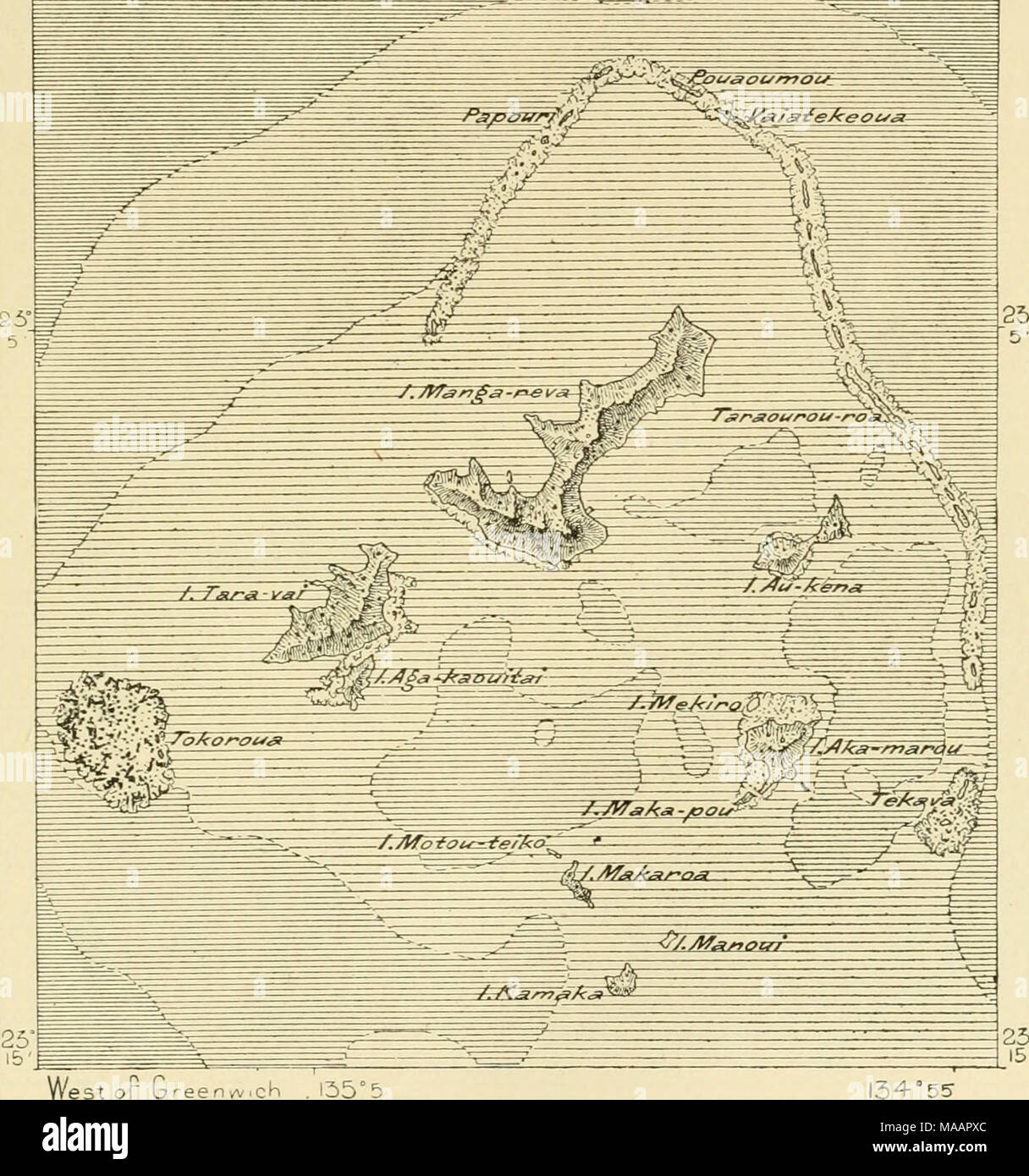 . La terra e i suoi abitanti .. . I34°55 0 a 12 braccia. Profondità. 12 a 500 braccia. 500 braccia e verso l'alto. A 3 miglia. Tahiti o gruppo di società. Qui Maupiti, con una crescita di oltre 300 piedi sopra un atollo, è seguita dalla twin-crested Bora-Bora (2.300 piedi), Tahaa (1.300 piedi), Huahine (1.180 piedi), e gli isolati Tapamanoa, portando al superbo gruppo di Tahiti corretto. Moorea o Eimeo, più occidentale di questo gruppo, è dominato bj'^ il estinti Tohivea (4.000 piedi), la cui decomposto lave ora supportano una rigogliosa Foto Stock