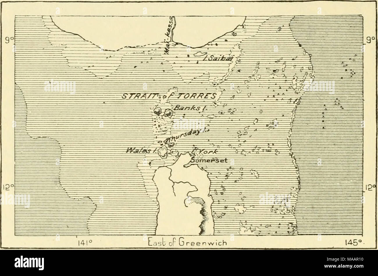 . La terra e i suoi abitanti .. . Oto5 braccia. Profondità. 5 a 25 braccia. 25 braccia e verso l'alto. 120 miglia. Di che si tratta di una dipendenza geologiche, quest'isola si distingue da esso per la sua vegetazione. La spiaggia e anche le pendici delle colline che si elevano fino ad una altezza di 600 o 700 piedi, sono rivestiti con una foresta di continuo di cocoanut jjalms, alberi che tutti i viaggiatori ci assicurano non sono stati trovati in Australia prima della data prevista di arrivo degli immigrati europei. Il bastione delle barriere coralline formante la superficie di costa del Queensland e collegamento di Australia con Nuova Guinea ha uno sviluppo totale di Foto Stock