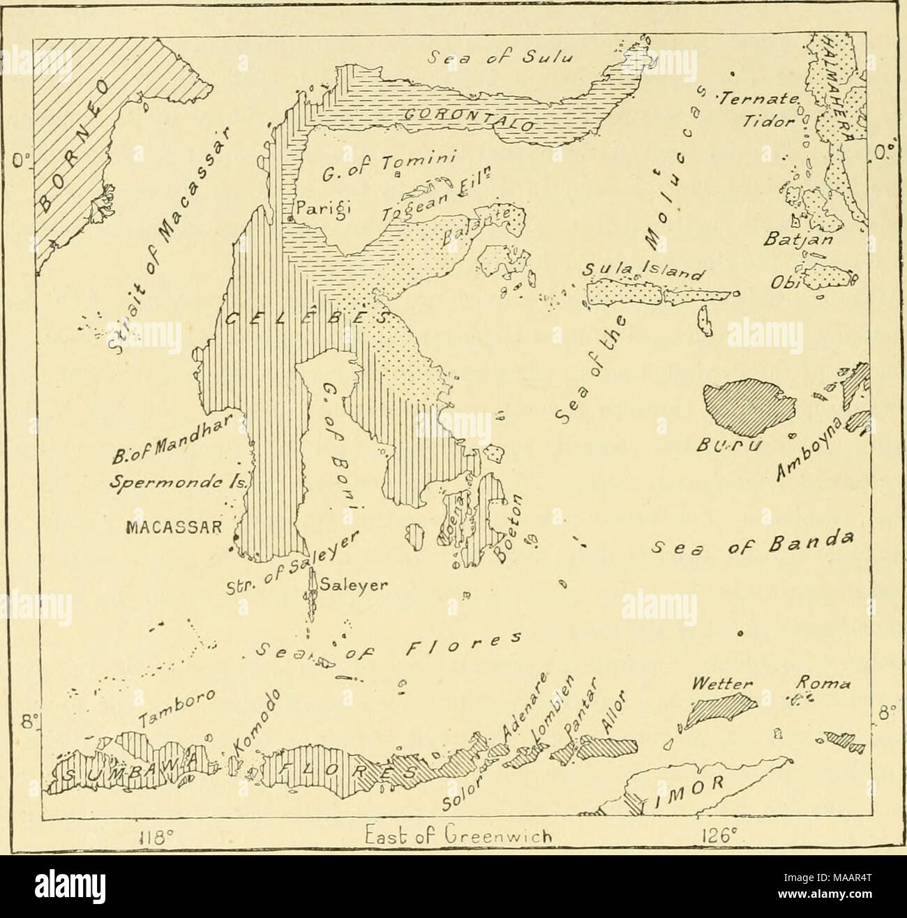 . La terra e i suoi abitanti .. . Governo di Celebes. Residenza di Menado. Residence di Timor. Residenza di Ternate. Residenza di Amboyna. Borneo. Il territorio portoghese. 240 miglia secche pianura lacustre in corrispondenza della bocca di una stretta valle w^atered da un torrente che emette dal lago Limbotto. Al di là di questo punto della costa è quasi unin- habited per quanto riguarda le sponde di Minahassa, dove seguire i due porti di Belang e Kern a. Questi luoghi sono collegati da buoni itinerari in tutta la penisola con Menado, capitale della provincia e nord del rivale di Macassar in politiche e commerciali Foto Stock