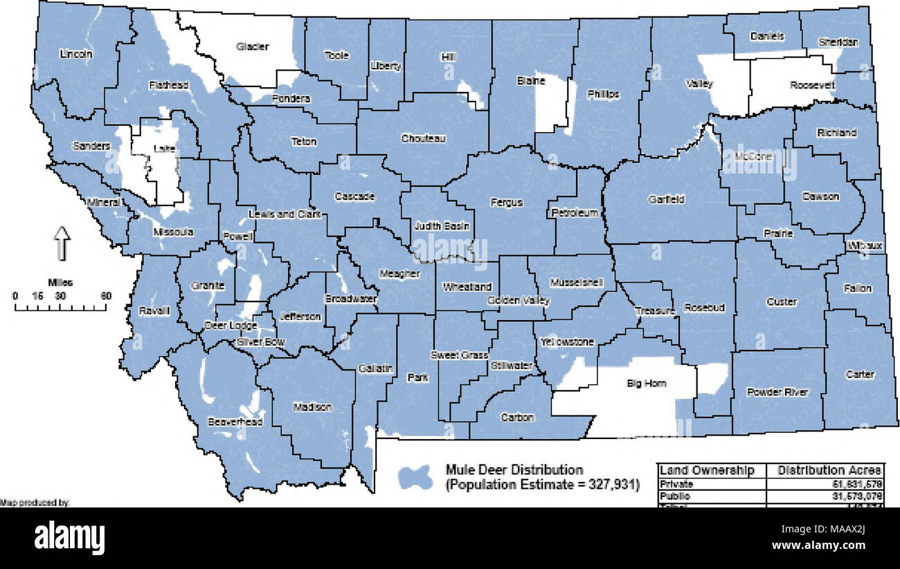 . Malattia di deperimento cronico del piano di gestione per libero compreso widllife nel Montana . Mule Deer Distribuzione (stima della popolazione = 327,931) W'j-tdl* l-Hll 'lJh ll*-vi lifMnMJcn UiiugniH-L U-Â£ Lsid Proprietà 3 strl&amp;Jtlon acri prtvKt =1 BS1.E7H Pji-I â &gt;:- ii trs.ire Trba 142,674 "Componi â KTjBB &gt; wiidiye ait, -Pat*;* 34 Foto Stock