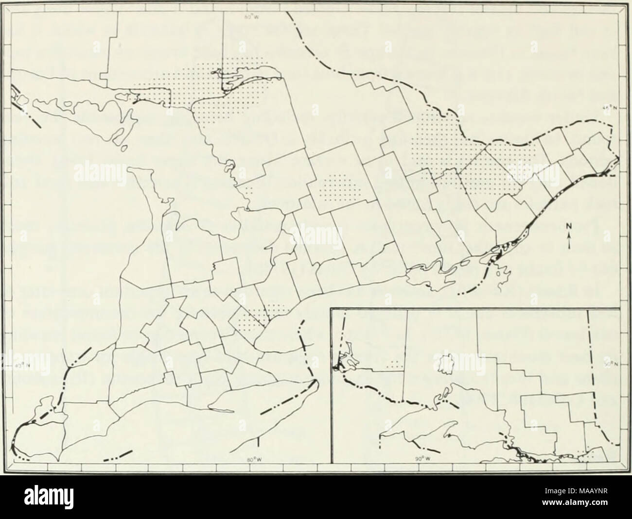 . I lombrichi (lumbricidae e sparganophilidae) dell' Ontario . Fig. 19 Il noto Ontario distribuzione di Dendrobaena octaedra. campeggio, 13-14 Giu 71, Campo ROM partito, 1-0-0, ROM-I35. LANARK CO. *Hwy 7, 5.32 km e di Maberly, sotto il letame in pascolo, 11 maggio 72. JWR. 0-3-1. MUSKOKA DIST. Isola di andare a casa sul lago, sotto moss in putrefazione log vicino Pond^ 8 Ott 75, RLH. 3-0-0, UW-0001. MANITOULIN DIST. *Hwy 68, 3.06 km n di Betulla Isola, sotto i registri e la carta nel fossato, 13 Maggio 72, JWR &AMP; JEM, 2-1-1. NIPISSING DIST. Hwy 17, 15.81 km e delle cascate di storione, dump. 13 maggio 72. JWR &AMP; JEM, 0-0-1. NORTHUMBE Foto Stock