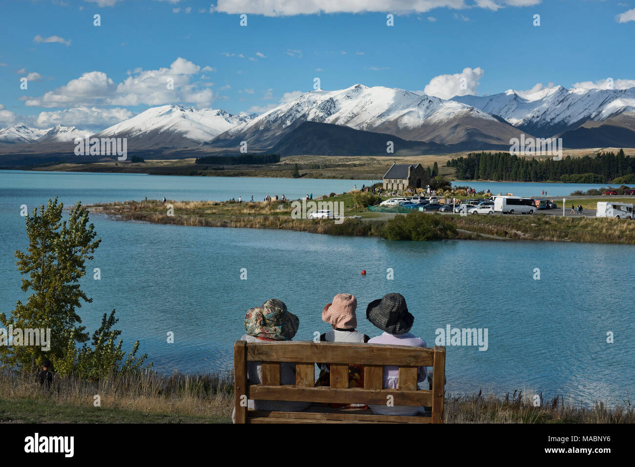 Godendo la vista Lago Tekapo, Nuova Zelanda Foto Stock