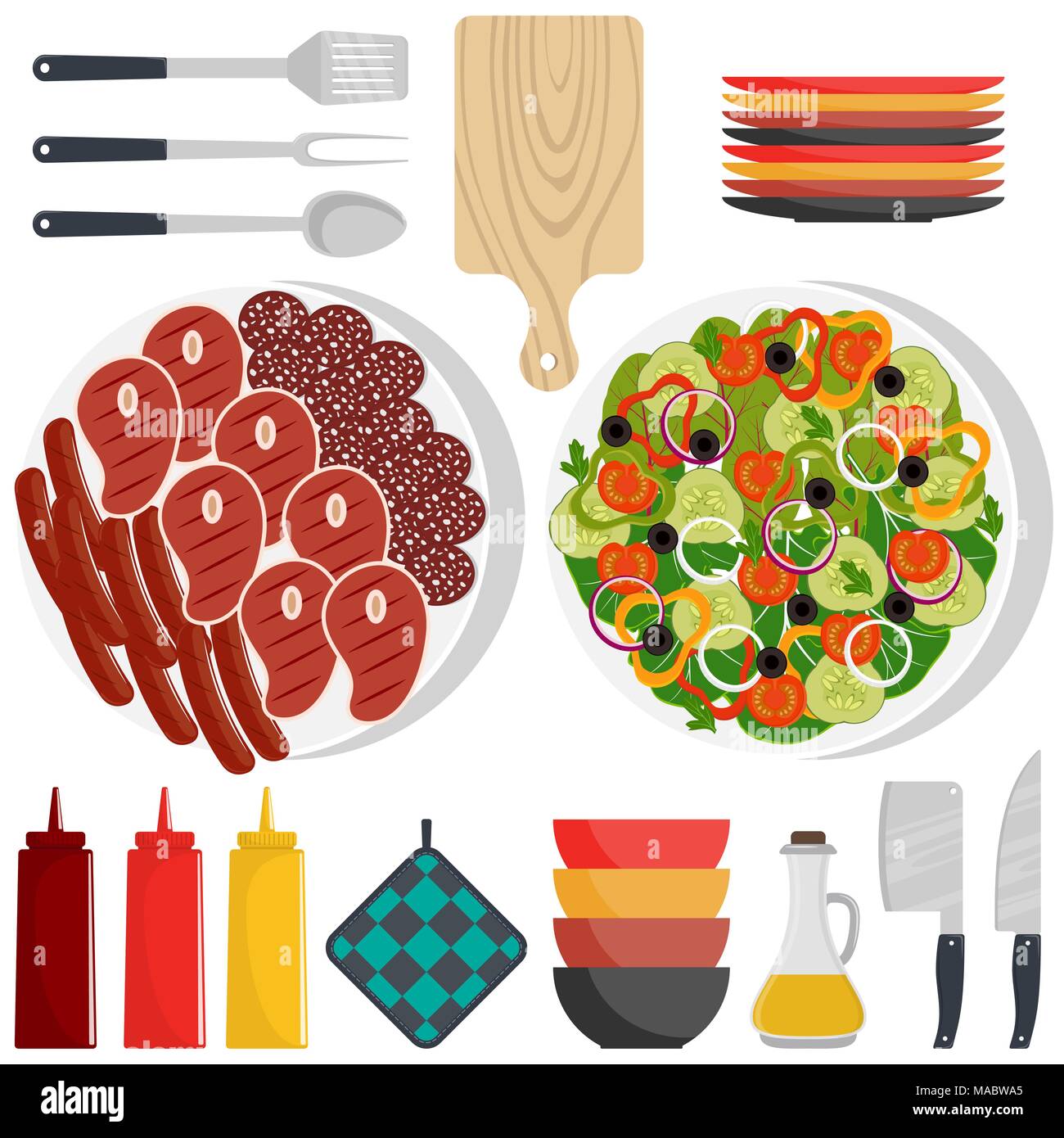 Grigliata di strumenti e prodotti alimentari. Carne alla brace, bistecche, salsiccia, verdure. Illustrazione Vettoriale in stile piatto Illustrazione Vettoriale