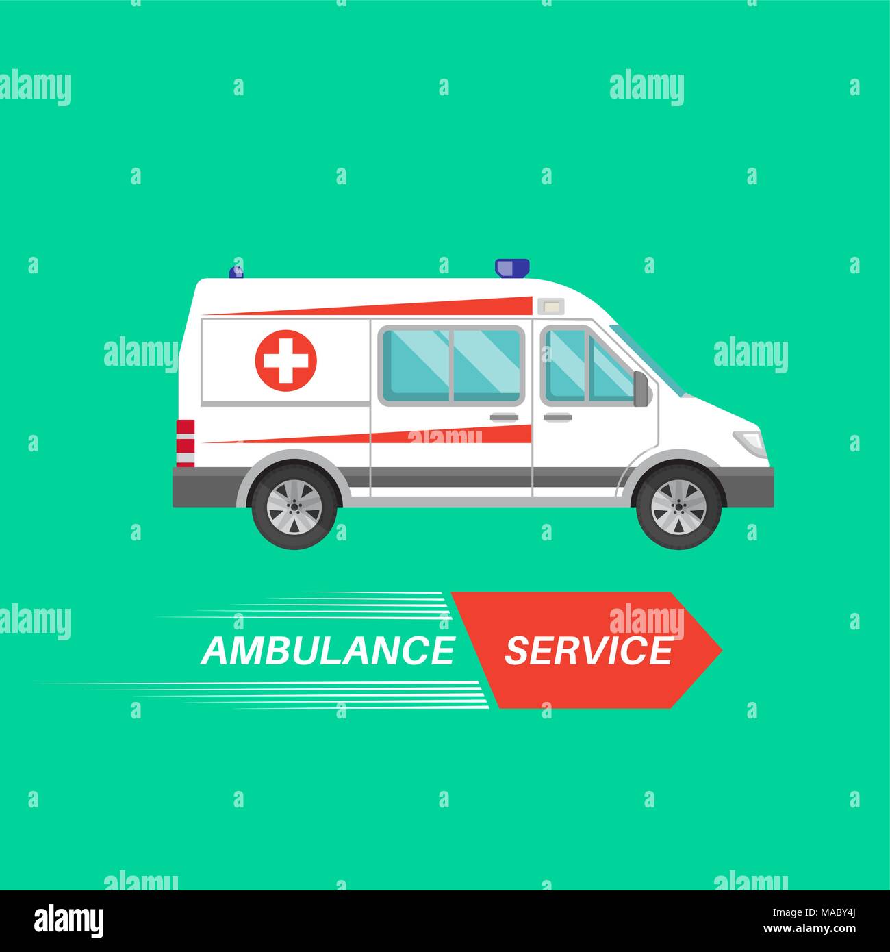 Ambulanza con un banner. Rianimazione del veicolo. Auto di emergenza la guida rapida. Una illustrazione vettoriale in stile piatto per un poster, pubblicita, var Illustrazione Vettoriale
