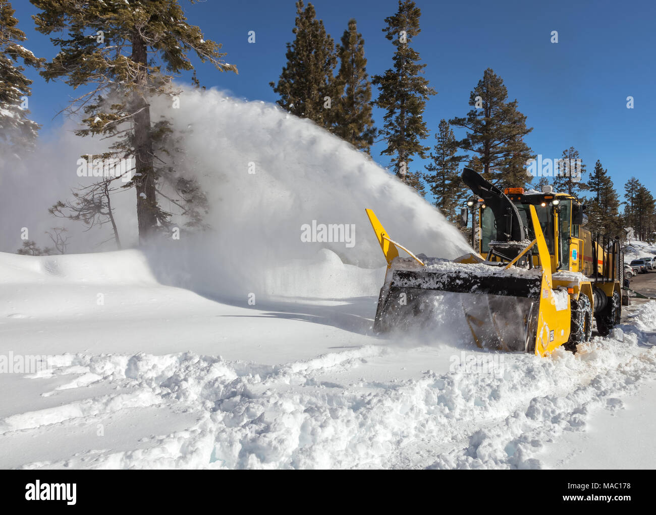 Carrello di aratura chiaro fino la neve sulla strada dopo una notte di tempesta di neve in Lake Tahoe, California, Stati Uniti. Foto Stock