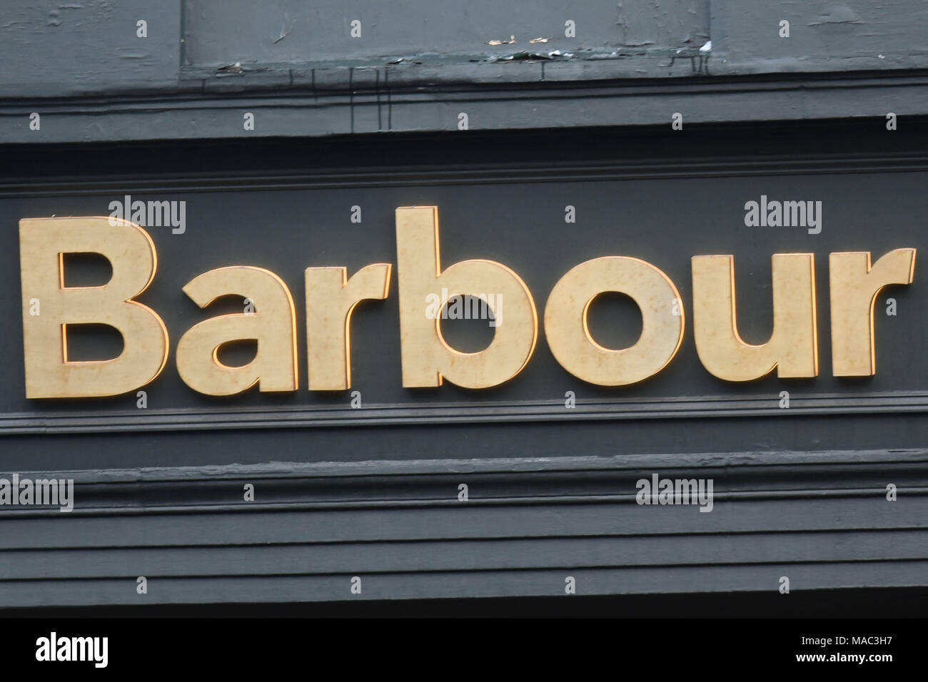 Barbour negozio di abbigliamento il logo di segno. Foto Stock
