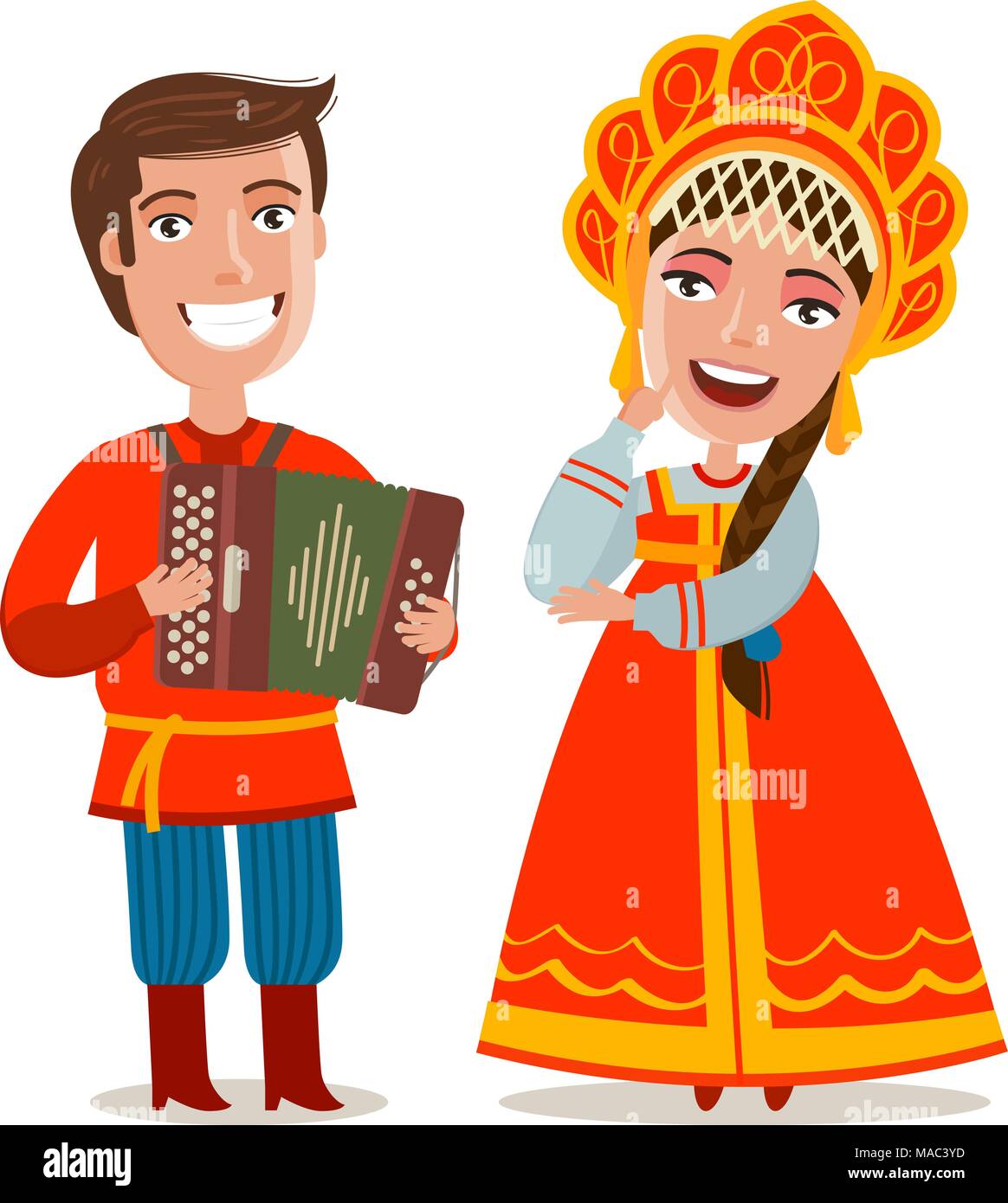 Felice popolo russo nei tradizionali costumi nazionali. Russia, Mosca concetto. Fumetto illustrazione vettoriale Illustrazione Vettoriale