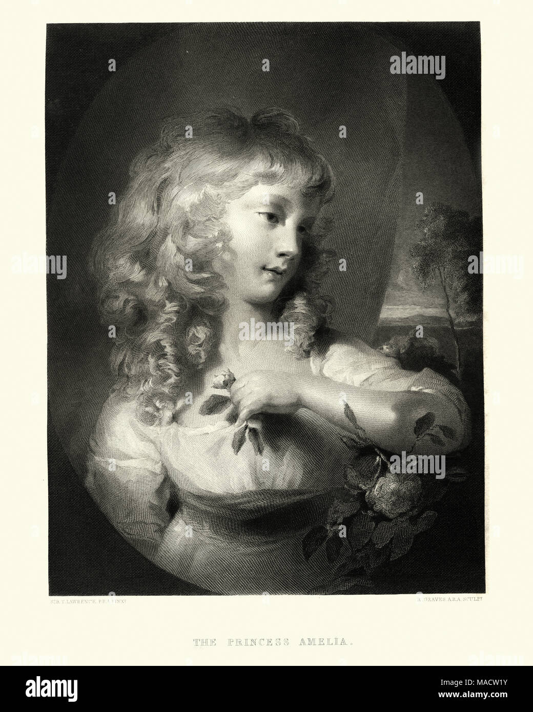 Incisione Vintage della Principessa Amelia del Regno Unito (1783-1810), il figlio più giovane del re George III Foto Stock