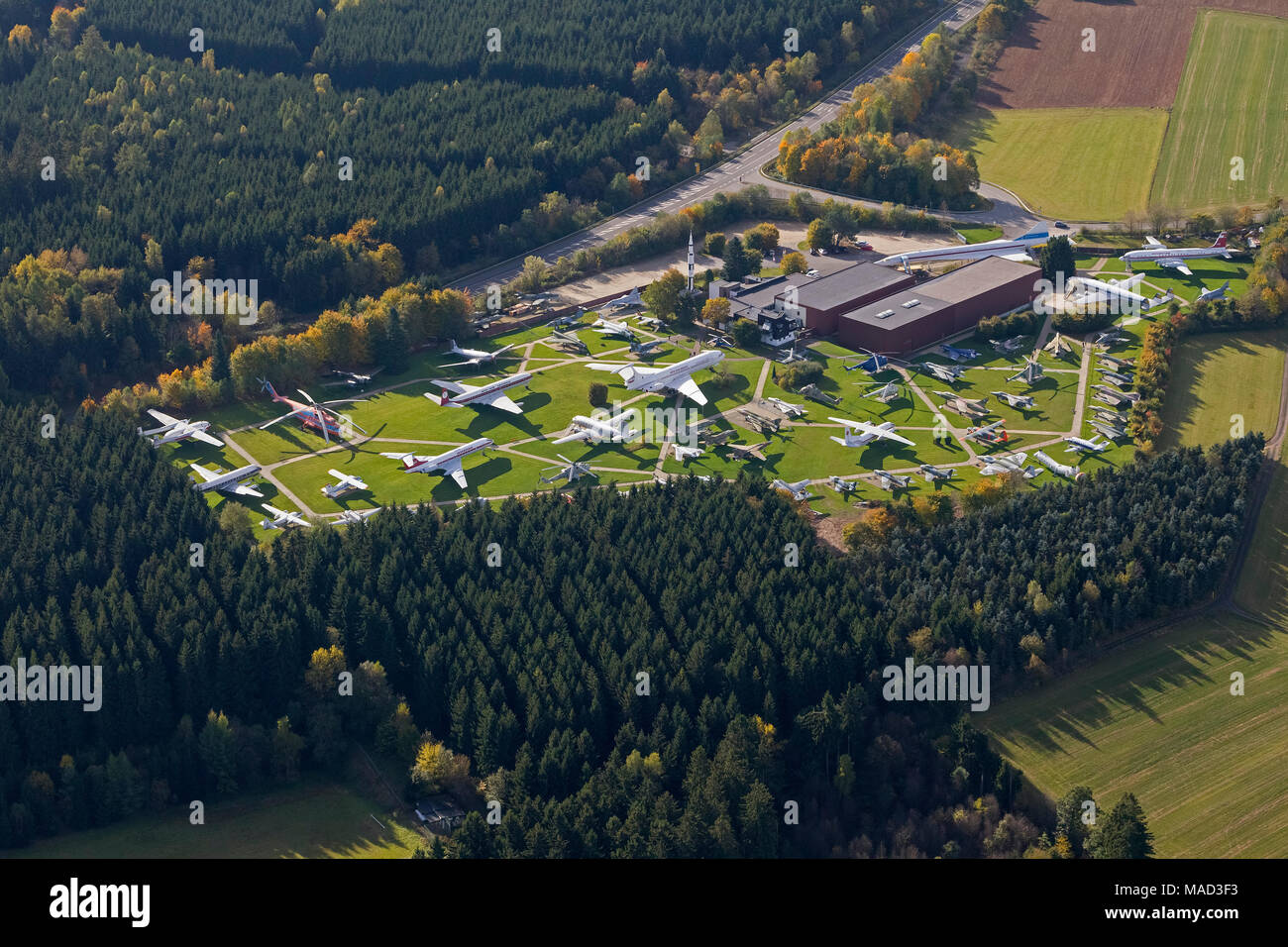 Foto aerea, volo Exhibition L. + P. Junior aviazione privata Museum, Antonow un-26, Concorde, Messerschmitt Bf 108, F-104 Starfighter, McDonnell F- Foto Stock