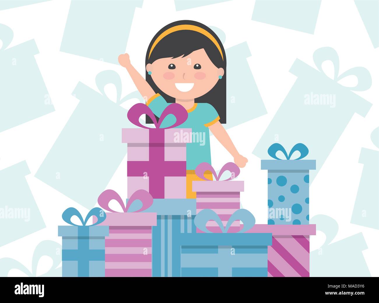 Giovane ragazza carina con impilati confezioni regalo - i bambini buon compleanno Illustrazione Vettoriale