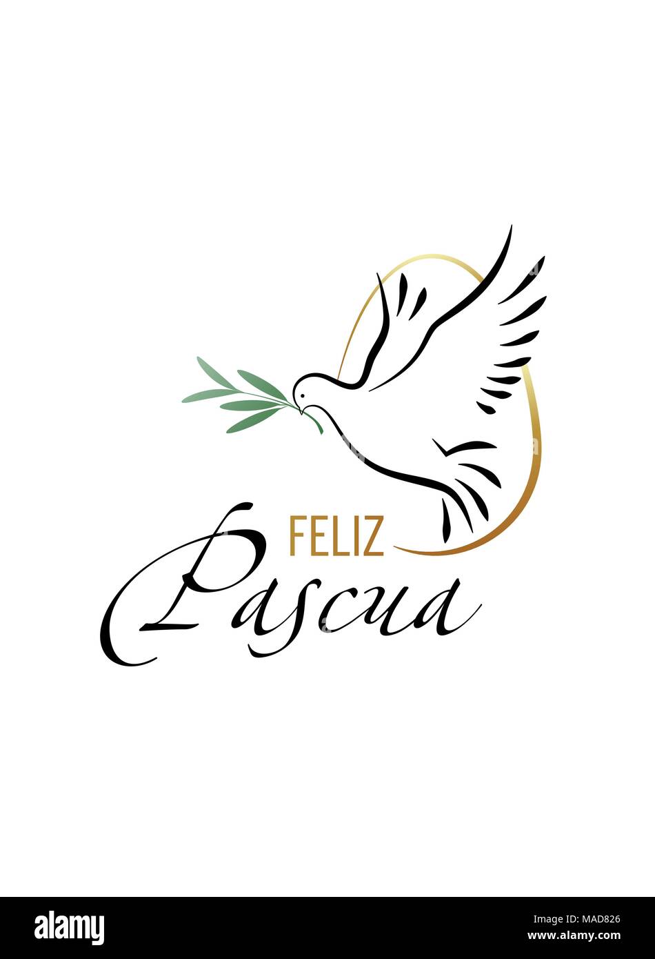 Felice Pasqua. Elegante iscrizione "Felice Pasqua" in lingua spagnola con colomba e le Olive Branch. Illustrazione Vettoriale. Illustrazione Vettoriale