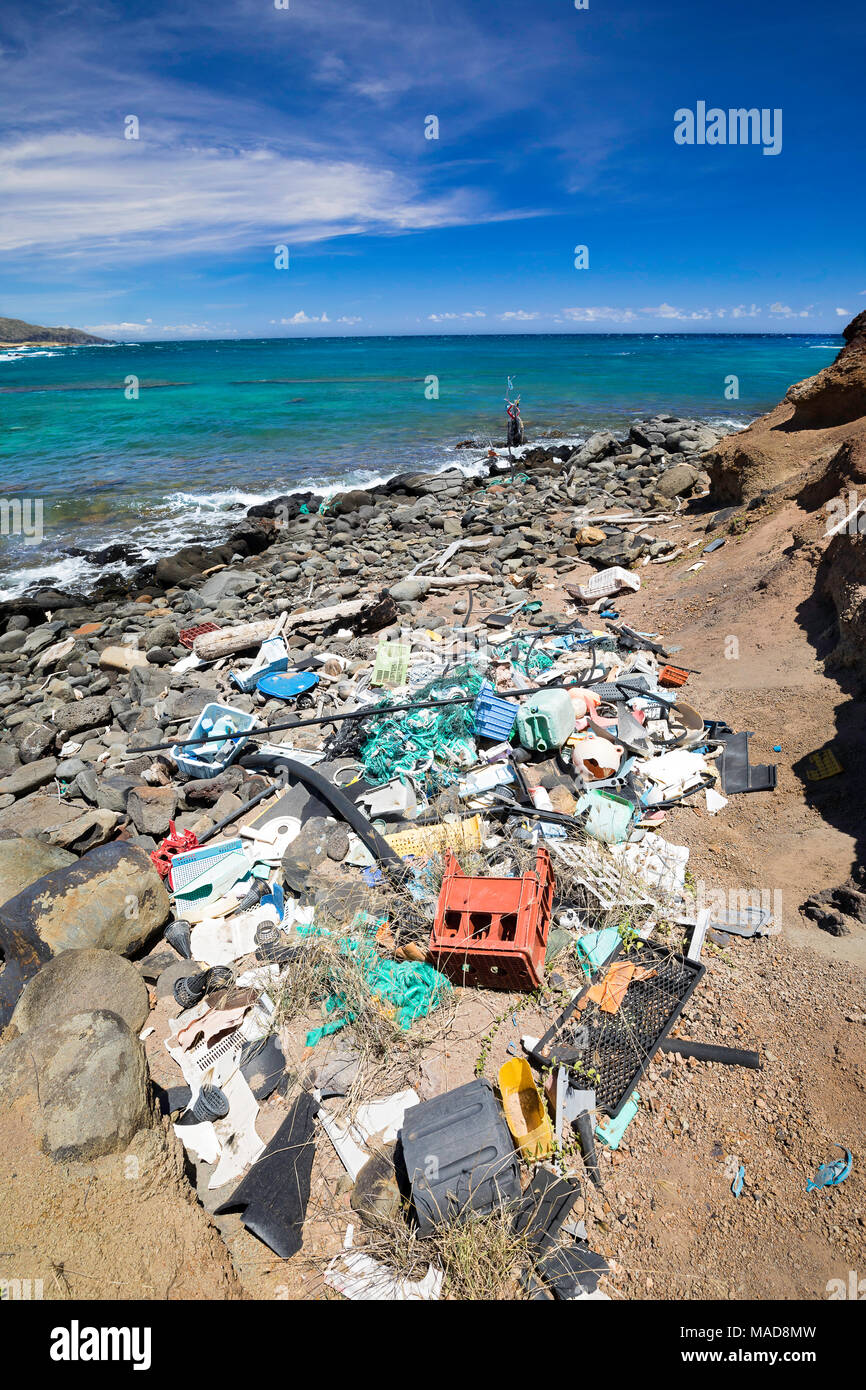 Molto del lato nord dell'isola di Molokai nelle impervie. Alisei soffiano regolarmente sulla terraferma portando con sé pile di plastica che sono stati Foto Stock