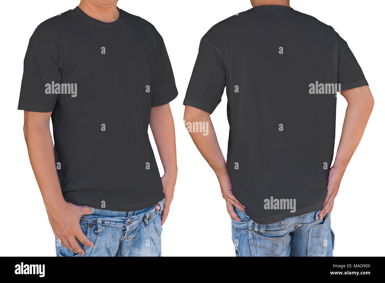 Uomo che indossa blank colore grigio scuro t-shirt con percorso di clipping, vista anteriore e posteriore. Modello per inserire il logo, disegno, o di opere d'arte. Foto Stock