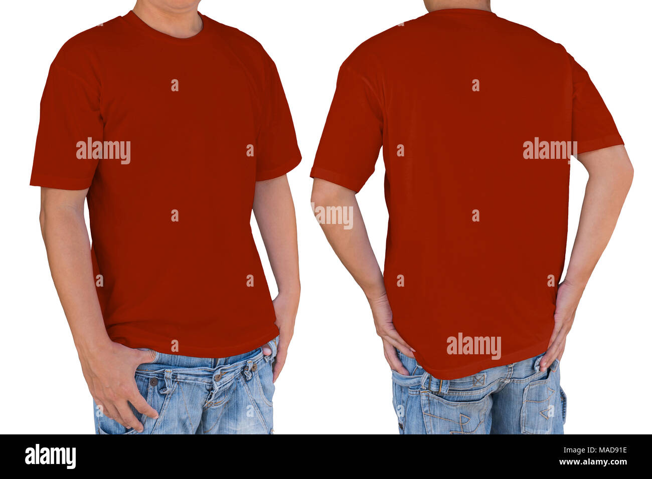 Uomo che indossa blank falu t-shirt rossa con percorso di clipping, vista anteriore e posteriore. Modello per inserire il logo, disegno, o di opere d'arte. Foto Stock