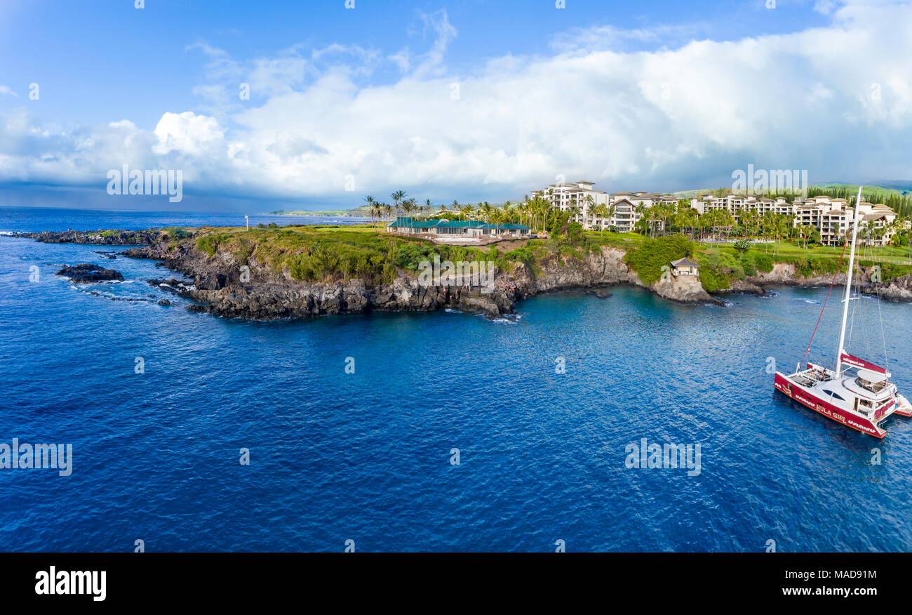Una veduta aerea del Montage Resort Kapalua Bay, Cliff House e Hawea punto, Maui, Hawaii, Stati Uniti d'America. Foto Stock