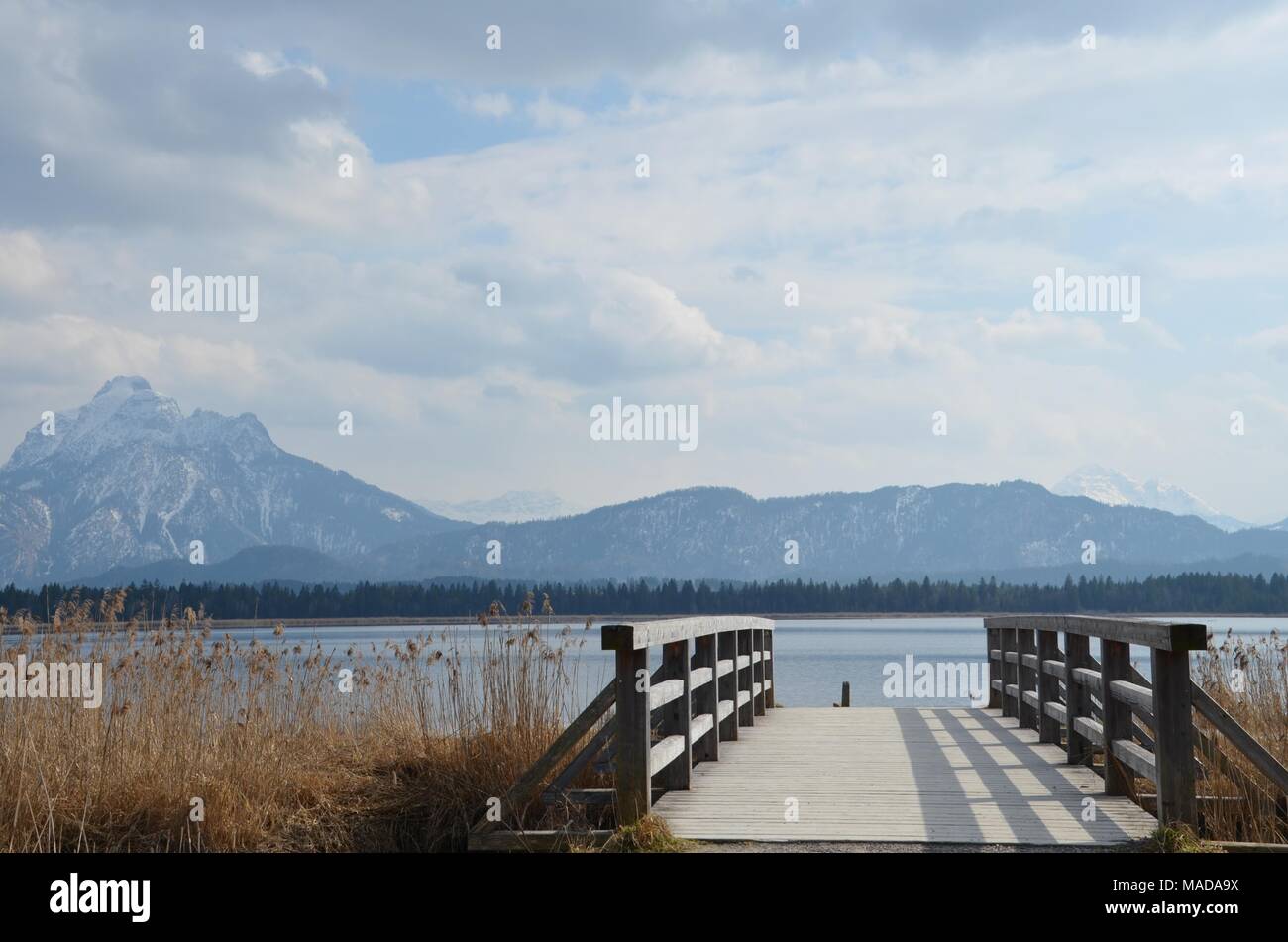 Ponte di legno su un ruscello vicino al Lago Hopfensee nell'Allgaeu, Baviera, Germania Foto Stock