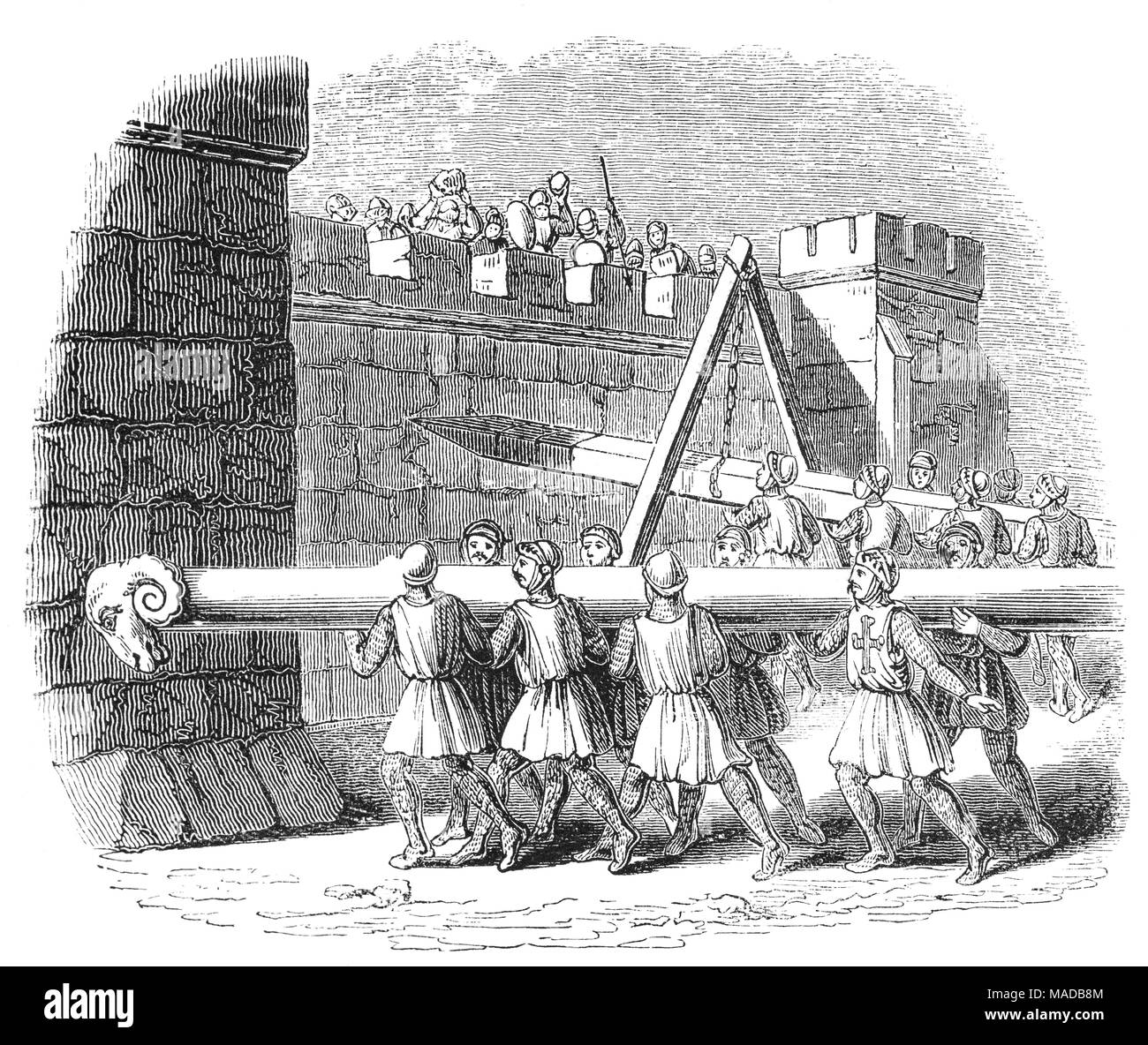 La guerra medievale II: UN SECOLO XIV ariete utilizzato per rendere violazioni nelle mura difensive. La figura mostra due tipi in uso. 2 di 3 schizzi. Foto Stock