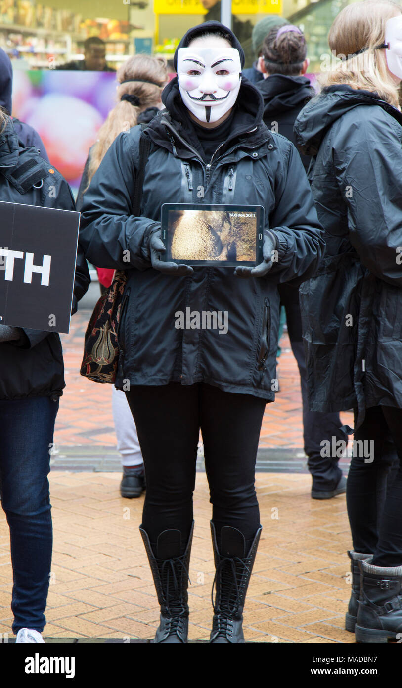 Un gruppo di diritti degli animali gli attivisti nel centro della città di Birmingham, Inghilterra. Tutti indossavano Guy Fawkes tipo maschere e portato cartelloni con la parola "verità" Foto Stock