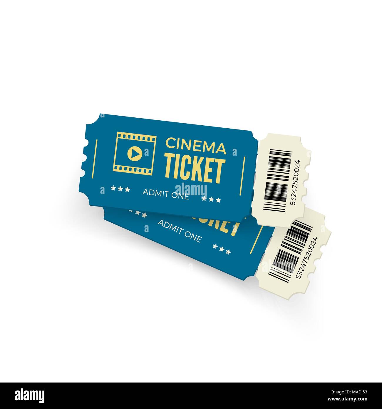 Biglietto di film. Blue cinema biglietti isolati su sfondo bianco. Cinema realistica del modello di ticket. Illustrazione Vettoriale Illustrazione Vettoriale