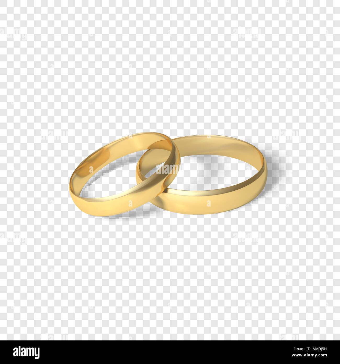 Il simbolo del matrimonio coppia di anelli d'oro e due anelli d'oro. Illustrazione di vettore isolato su sfondo trasparente Illustrazione Vettoriale