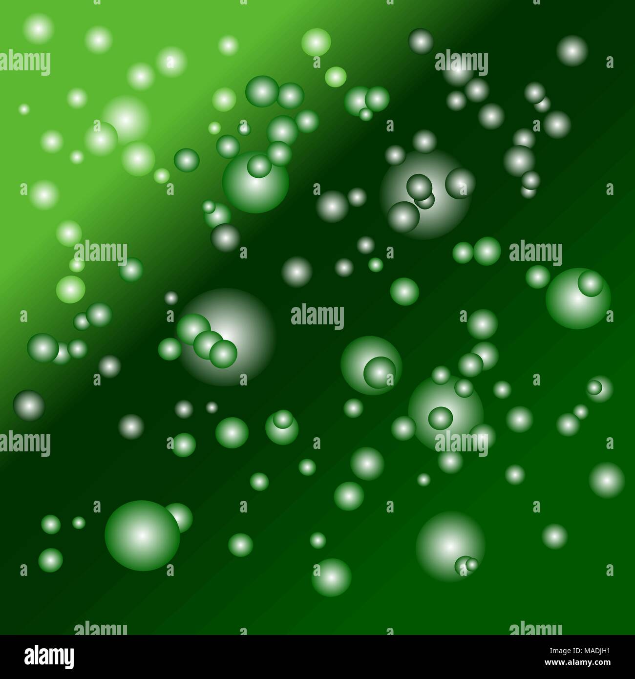 Configurazione astratta di verde bolle colorate in varie dimensioni volare nello spazio. Illustrazione Vettoriale. Illustrazione Vettoriale