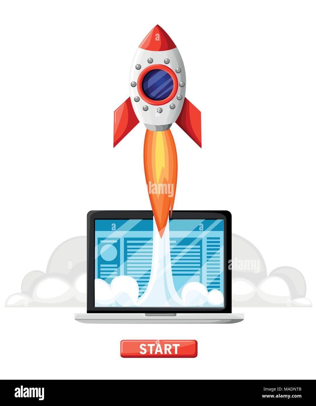 Avvio corretto concetto di affari. Computer portatile con avvio a razzo. Progetto di business development, la promozione del sito web. Illustrazione Vettoriale in stile piatto su w Illustrazione Vettoriale