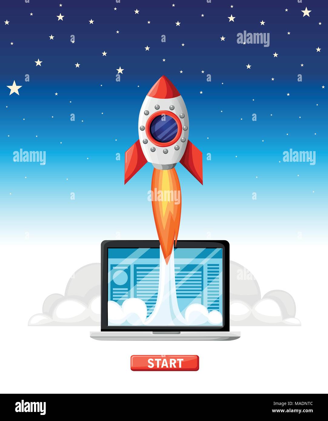 Avvio corretto concetto di affari. Computer portatile con avvio a razzo. Progetto di business development, la promozione del sito web. Illustrazione Vettoriale in stile piatto su s Illustrazione Vettoriale