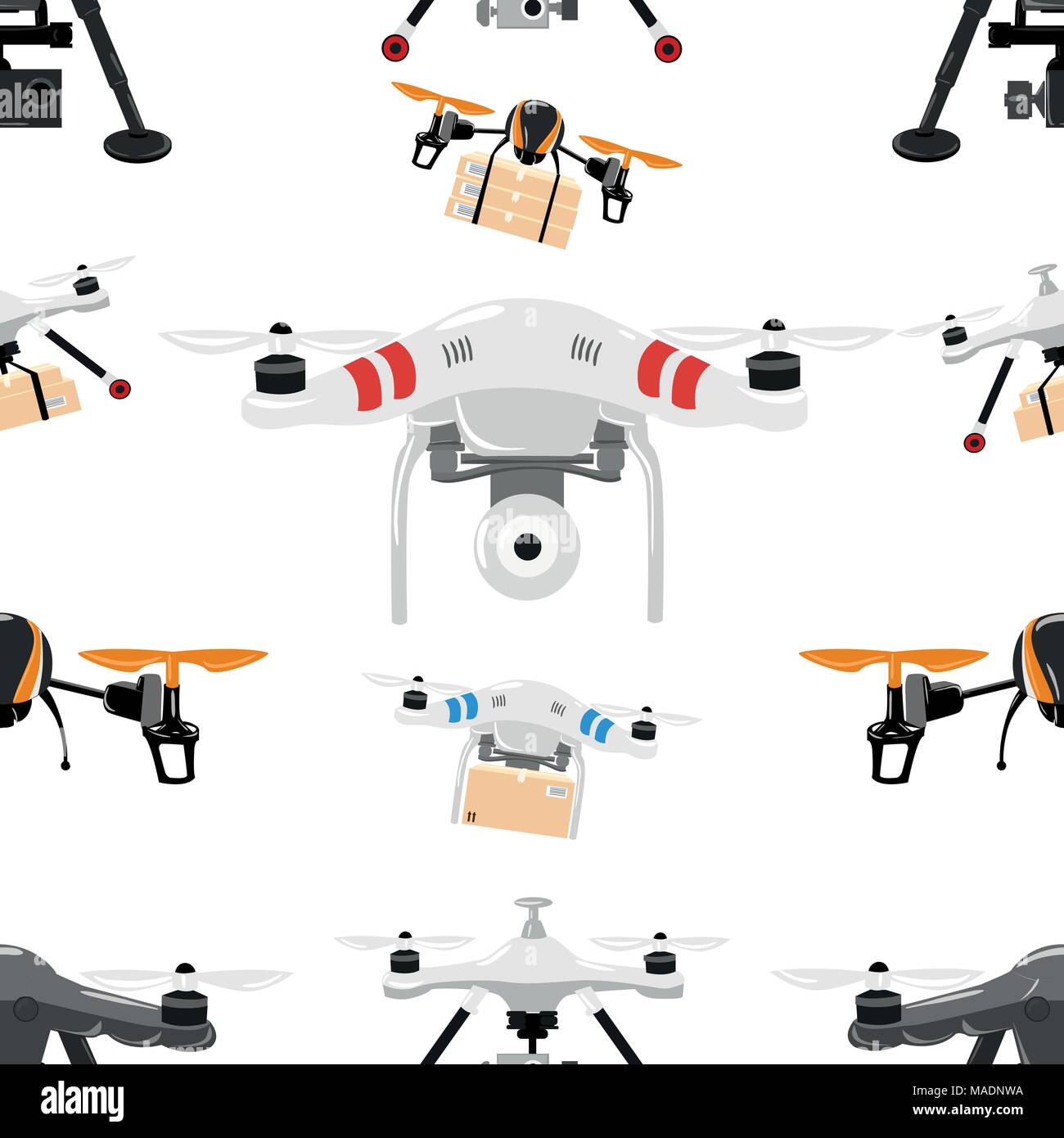 Seamless pattern su quadrocopter. Aria drone in bilico. Quadrocopters trasporta merci e contiene una telecamera. Illustrazione Vettoriale su sfondo bianco. Web Illustrazione Vettoriale