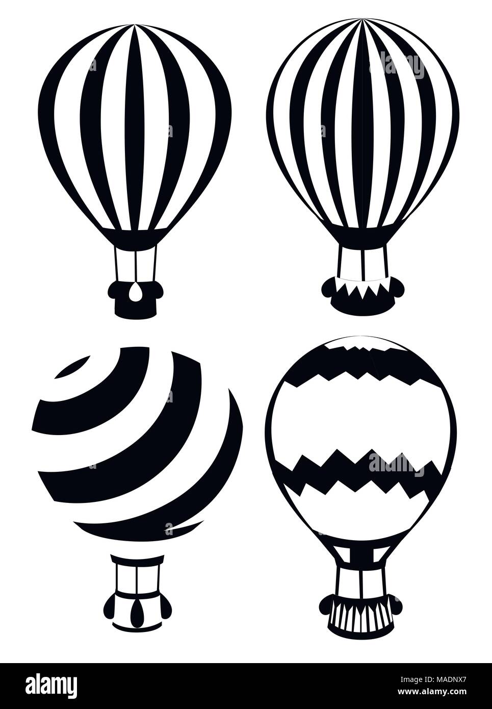 Set di nero e di bianco i palloni ad aria calda. Quattro ballons con diffirent pattern. Illustrazione di vettore isolato su sfondo bianco. Sito web pagina e mobil Illustrazione Vettoriale