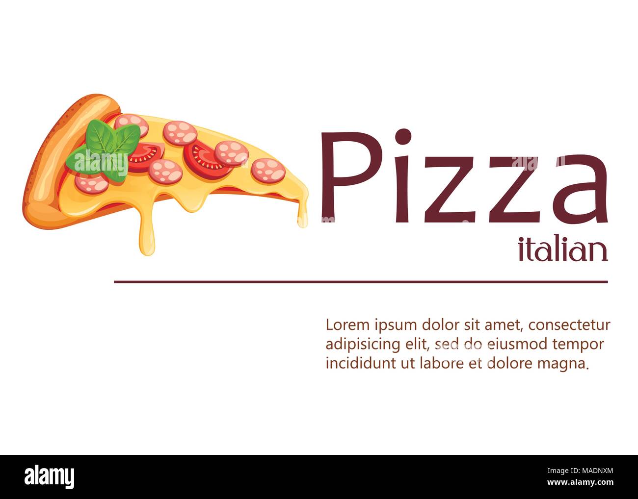 Un trancio di pizza. Pizza con pomodoro, formaggio, salame e origano. Poster per la progettazione, ristorante, cafe, pizzeria. Illustrazione di vettore isolato con luogo Illustrazione Vettoriale