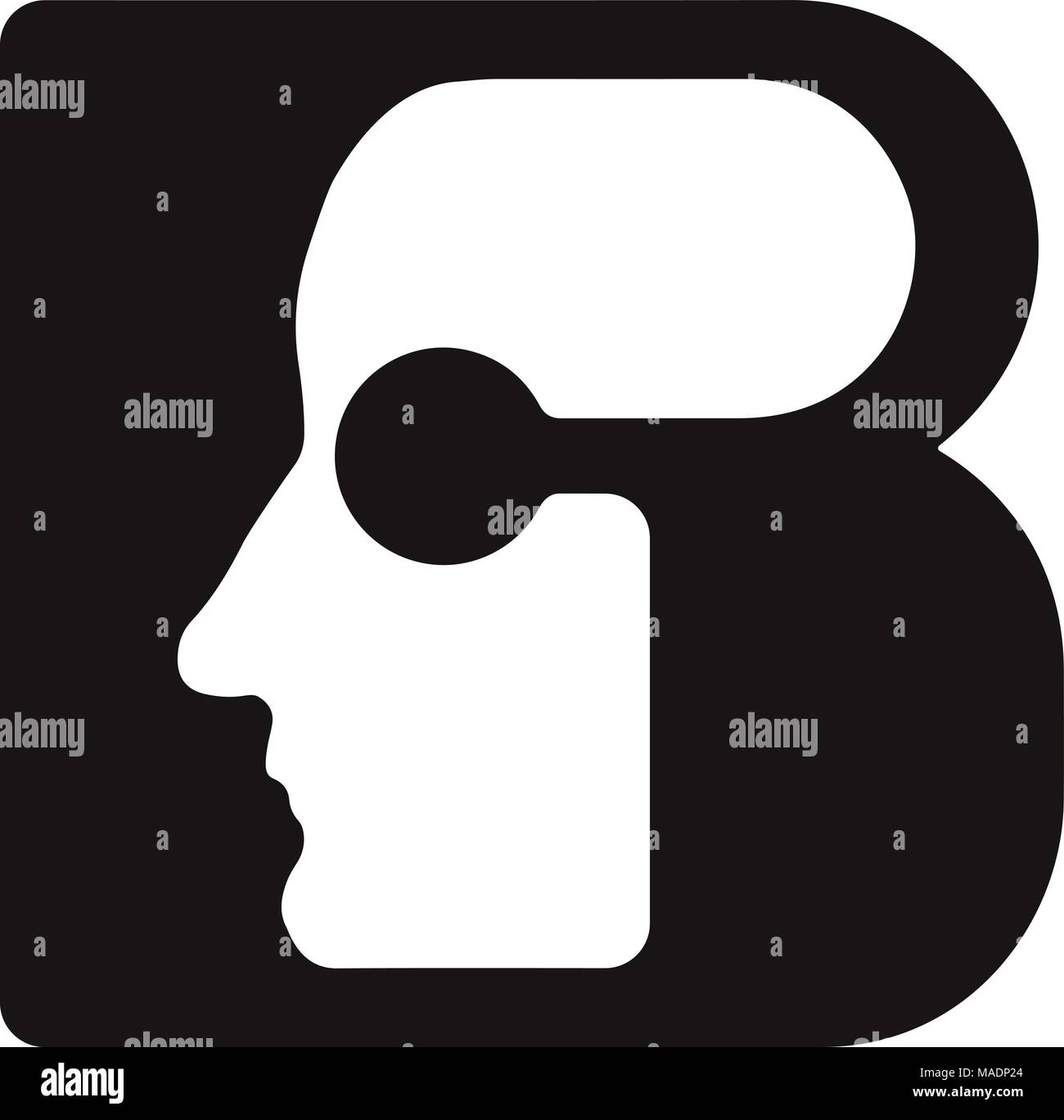 Font inglese lettera maiuscola B b Logo logotipo - il volto umano del robot cyborg, per computer, tema scienza etc, in stile retrò. Illustrazione Vettoriale
