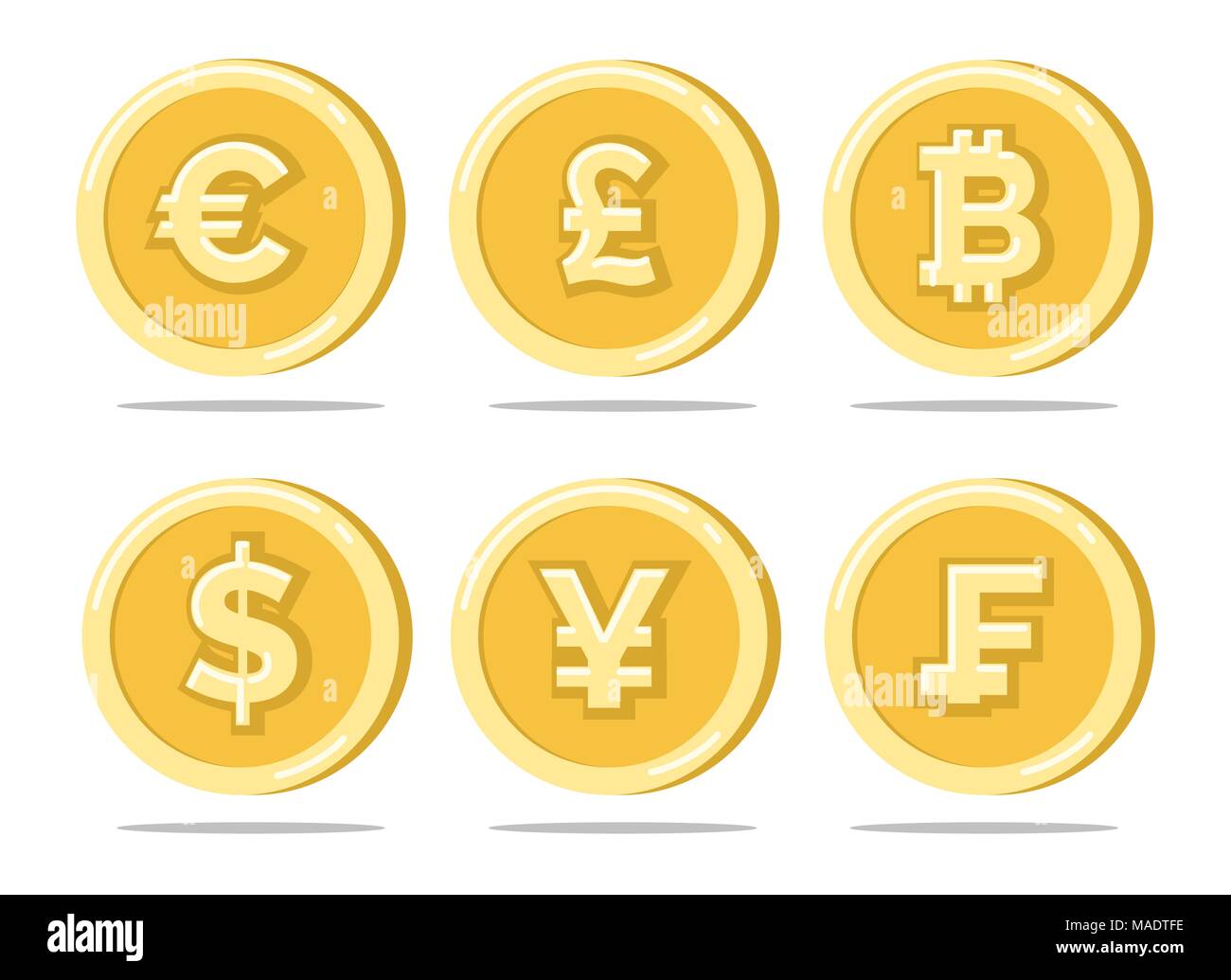Cambio delle monete. Sterlina e l'euro, il dollaro e il giapponese bitcoin  moneta in oro set isolato su bianco, diverse valute illustrazione  vettoriale Immagine e Vettoriale - Alamy