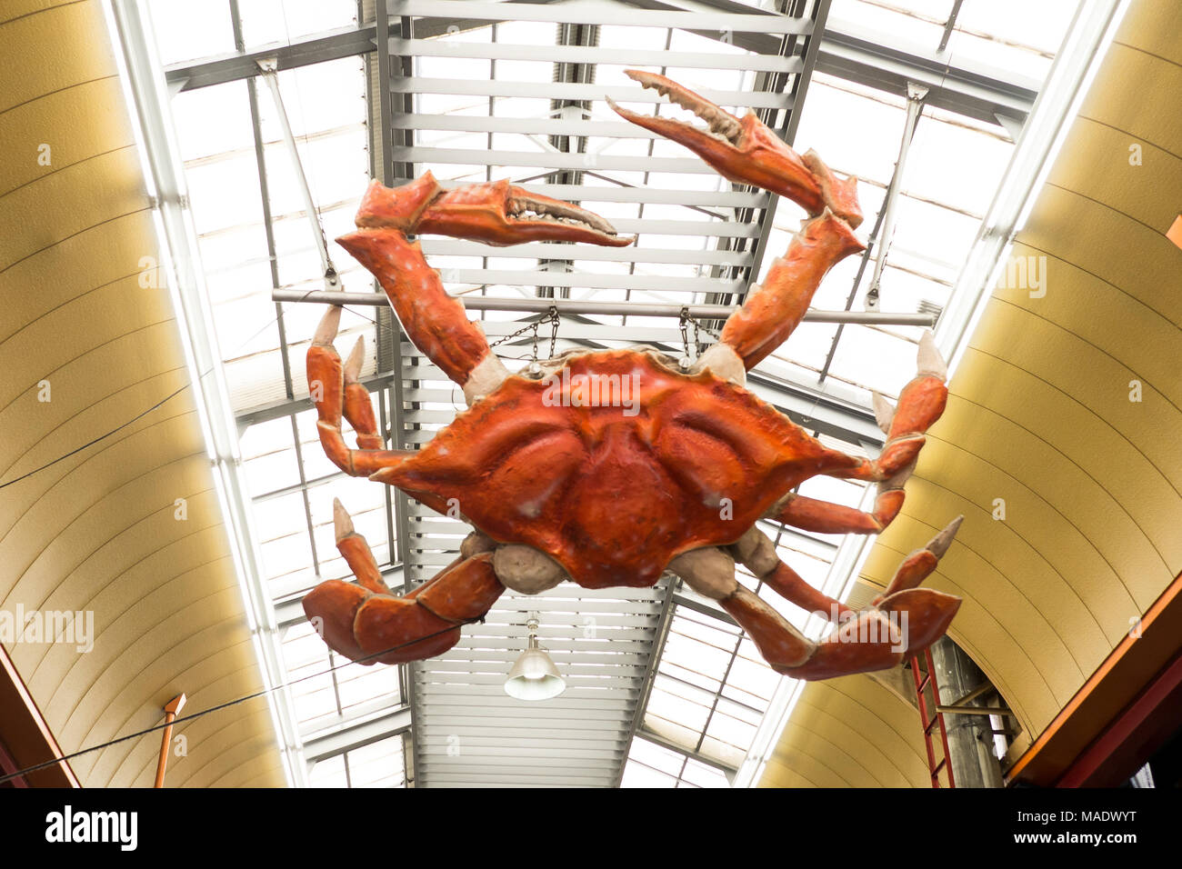 Un gigante di granchio arancione display sul soffitto del Kuromon Mercato del Pesce in Osaka Foto Stock