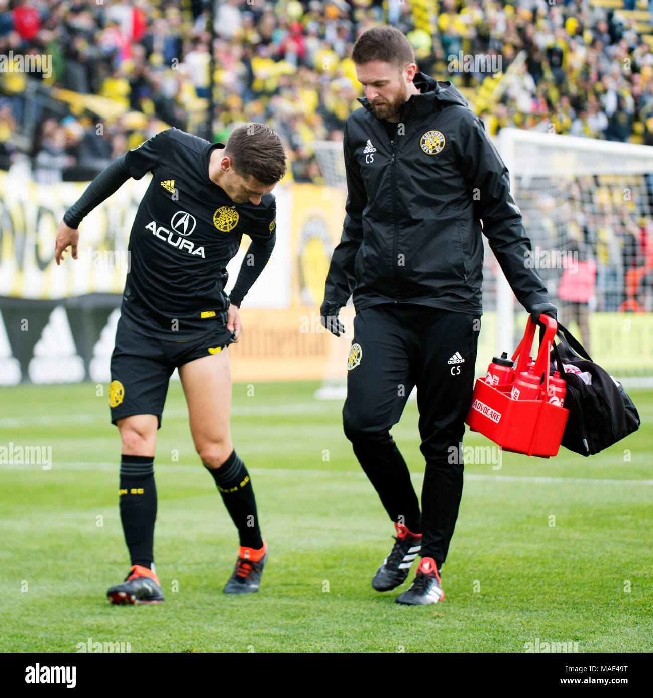 Marzo 31, 2018: Columbus Crew SC centrocampista Pedro Santos (9) durante la partita mentre rivolta verso Vancouver Whitecaps FC. Columbus, Ohio, Stati Uniti d'America. Brent Clark/ Alamy Live News Foto Stock